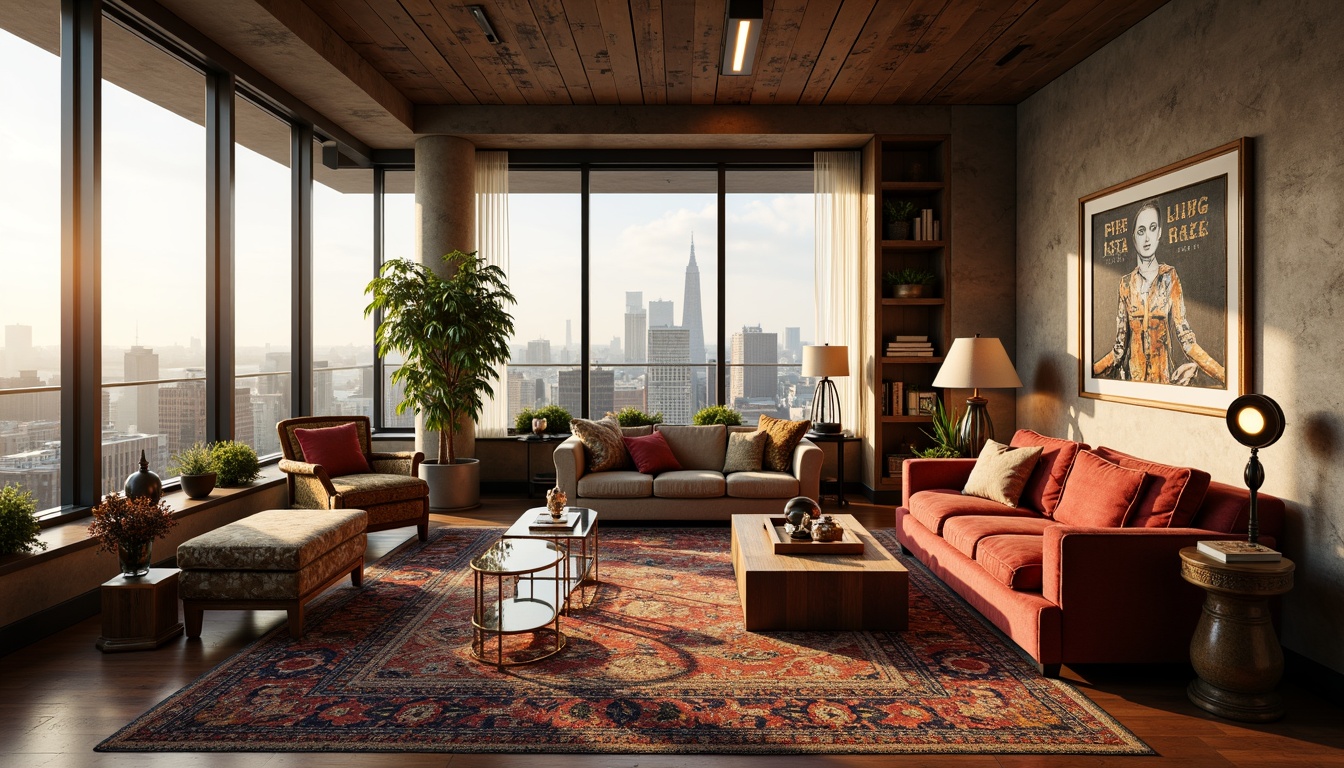 Prompt: Luxurious penthouse, eclectic style, mix-and-match furniture, vintage armchairs, velvet sofas, distressed wood coffee tables, ornate metal frames, bold colorful rugs, statement lighting fixtures, industrial metal lamps, reclaimed wood shelves, plush throw pillows, abstract artwork, floor-to-ceiling windows, city skyline views, warm golden lighting, shallow depth of field, 1/2 composition, panoramic view, realistic textures, ambient occlusion.