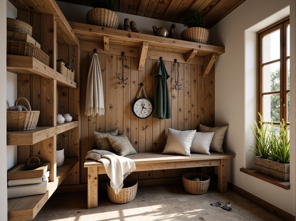 Prompt: Rustic mudroom, wooden bench, woven baskets, natural stone flooring, earthy color palette, cozy atmosphere, practical storage solutions, reclaimed wood shelves, metal hooks, woven textiles, vintage decor, distressed finishes, soft warm lighting, shallow depth of field, 1/1 composition, realistic textures, ambient occlusion.