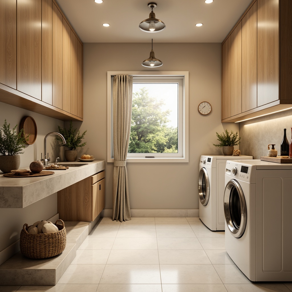 Prompt: Cozy laundry room, warm beige walls, soft cream cabinets, sleek chrome fixtures, modern appliances, natural stone countertops, woven baskets, potted greenery, ambient LED lighting, gentle glow, recessed ceiling lights, under-cabinet task lighting, pendant lamp, industrial-chic metal shades, bright white flooring, minimalist decor, calming color palette, airy feel, 1/1 composition, soft focus, warm atmosphere.Please let me know if this meets your requirements or if you need any adjustments!