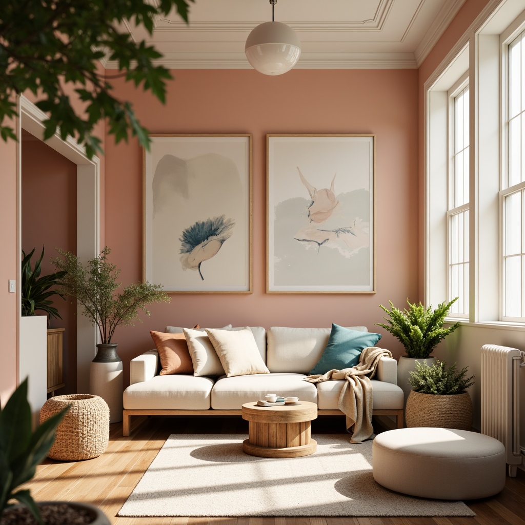 Prompt: Harmonious color scheme, pastel hues, soft peach tones, muted blue undertones, creamy whites, rich wood accents, natural textures, earthy terracotta, soothing greenery, calming atmosphere, warm ambient lighting, shallow depth of field, 1/1 composition, realistic render, subtle gradient effects.