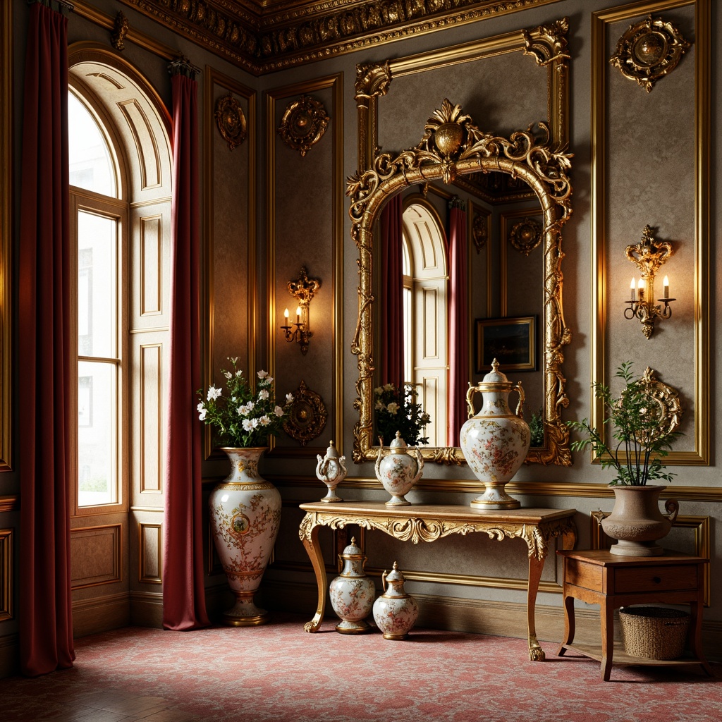 Prompt: Ornate palace interior, intricately carved wooden paneling, gilded moldings, delicate porcelain vases, lavish velvet drapes, crystal chandeliers, ornamental mirrors, soft golden lighting, shallow depth of field, 3/4 composition, warm color palette, French Renaissance inspirations, curved lines, floral patterns, acanthus leaf motifs, subtle textures, ambient occlusion.