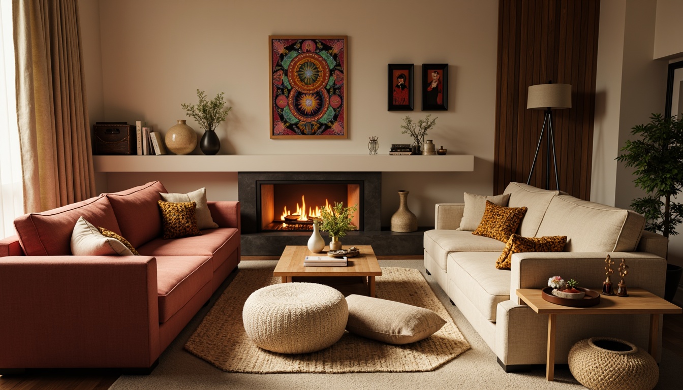 Prompt: Cozy living room, plush velvet sofas, soft cushions, warm beige carpets, textured throw blankets, natural linen fabrics, earthy tone colors, minimalist wooden furniture, ambient warm lighting, shallow depth of field, 3/4 composition, realistic textures, vibrant colorful patterns, intricate geometric motifs.