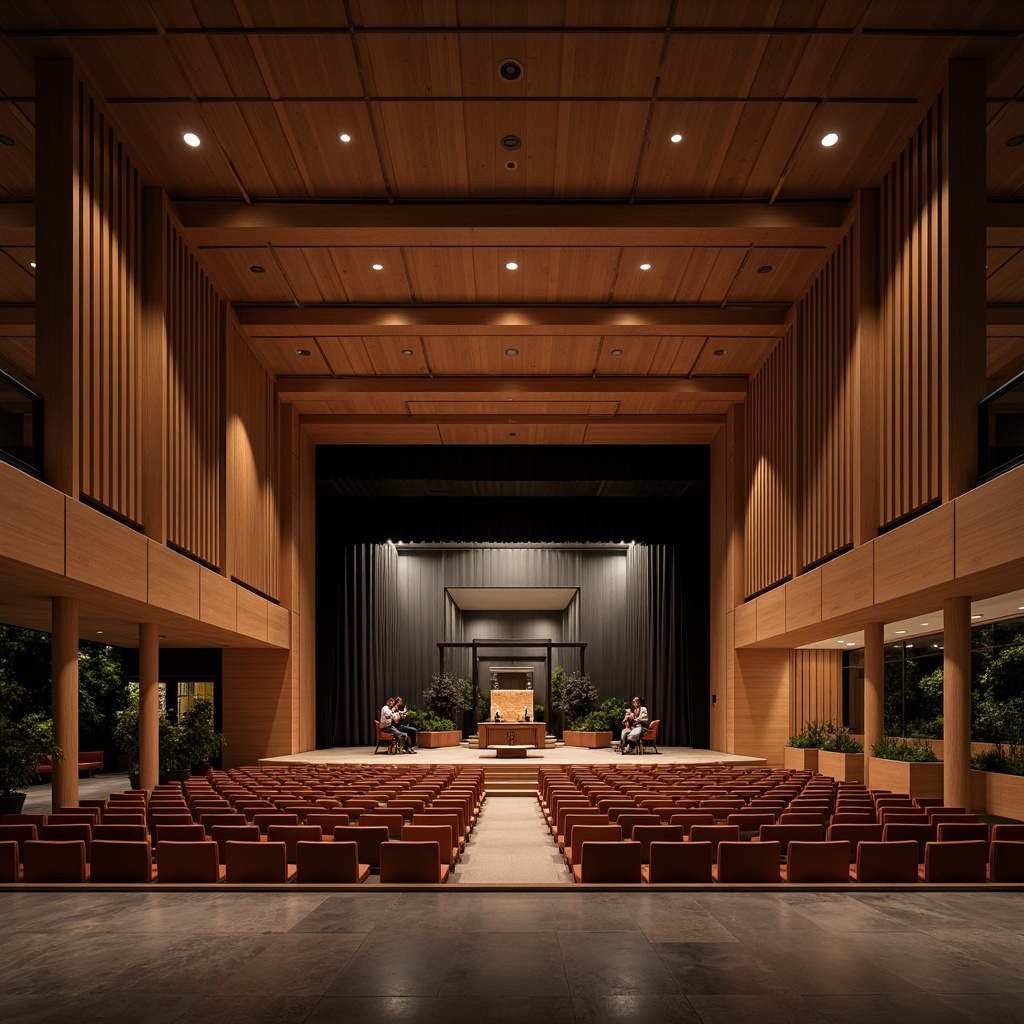 Prompt: Sleek auditorium interior, modern minimalist design, streamlined architecture, acoustic panels, sound-absorbing materials, premium wood finishes, polished metal accents, plush theater seating, dramatic stage lighting, subtle color palette, geometric patterns, angular lines, high ceilings, open spaces, natural ventilation systems, ambient soft lighting, 1/2 composition, shallow depth of field, realistic textures, warm atmosphere, evening ambiance.