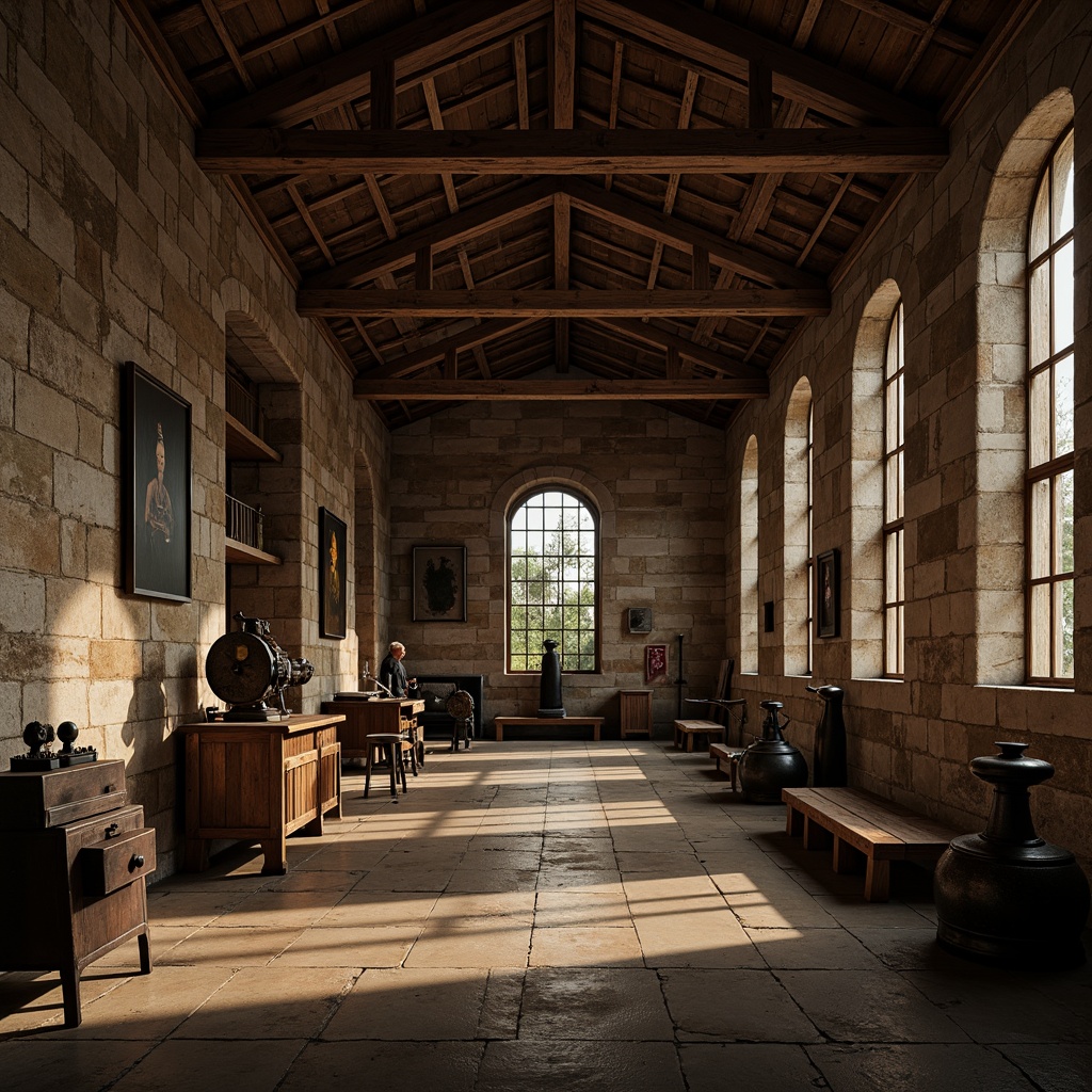 Prompt: Rustic monastery interior, exposed wooden beams, industrial metal accents, distressed stone walls, vintage machinery parts, reclaimed wood furniture, earthy color palette, warm dim lighting, dramatic shadows, 1/2 composition, cinematic atmosphere, realistic textures, ambient occlusion.Let me know if you need any adjustments!