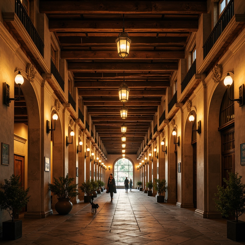 Prompt: Renaissance-style campus, grand architectural columns, ornate stone carvings, warm golden lighting, pendant lanterns, metal chandeliers, intricate glasswork, rustic wooden accents, vintage-inspired sconces, soft warm glow, ambient lighting, dramatic uplighting, symmetrical composition, 1/2 camera angle, high contrast ratio, realistic textures, subtle color grading.