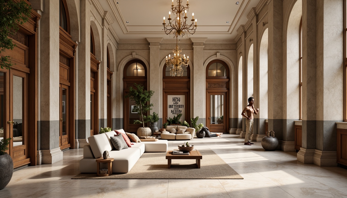 Prompt: Grand home gym, neoclassical arches, ornate columns, marble floors, rich wood paneling, elegant chandeliers, subtle moldings, classical sculptures, motivational quotes, fitness equipment, free weights, exercise machines, mirrors, luxurious fabrics, subtle lighting, warm beige tones, high ceilings, spacious layout, symmetrical composition, realistic textures, ambient occlusion.