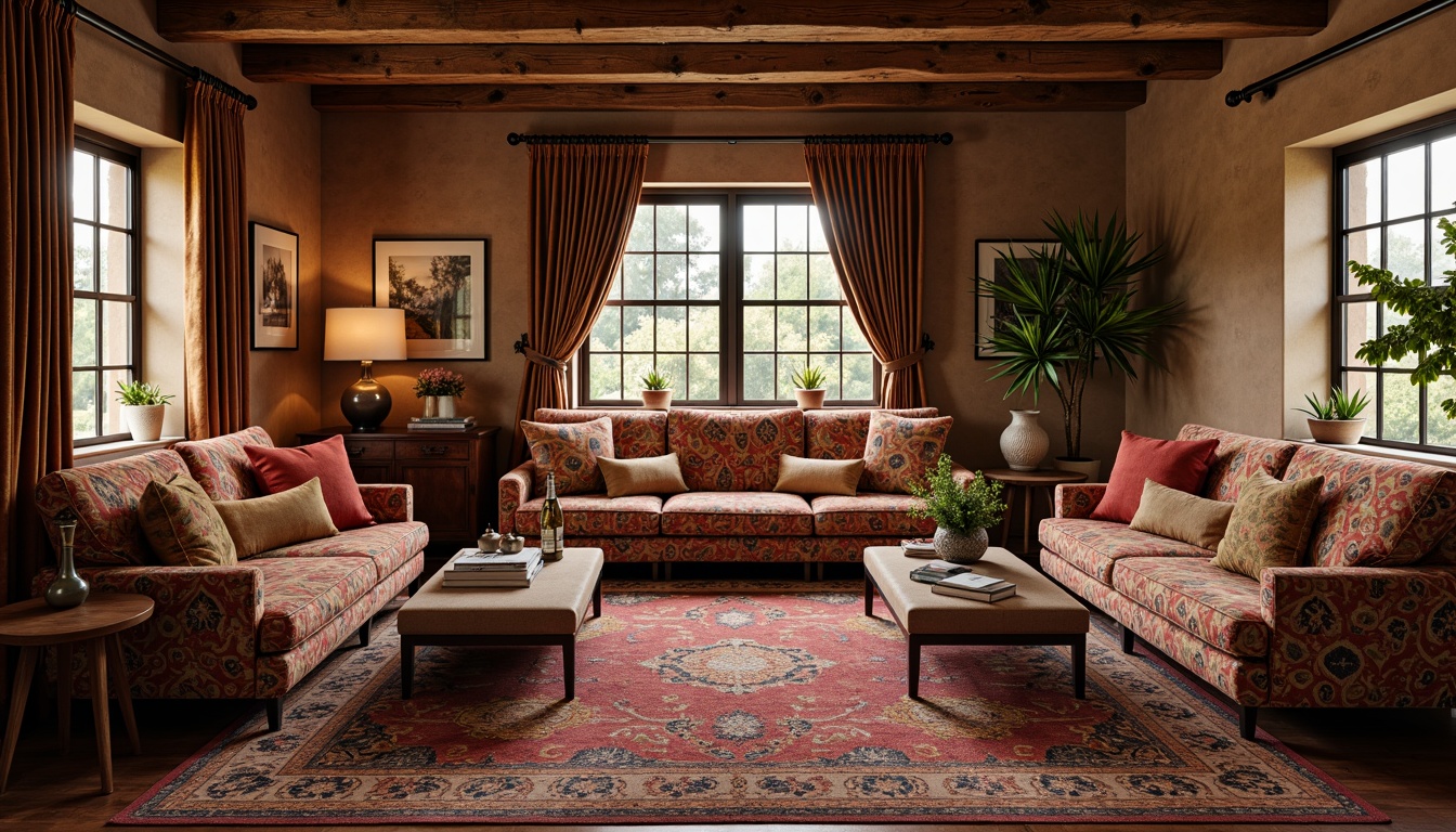 Prompt: Richly patterned upholstery, velvety soft sofas, intricately woven rugs, plush throw blankets, vibrant colorful pillows, natural fiber curtains, earthy tone wallpapers, warm ambient lighting, cozy reading nooks, inviting conversation areas, comfortable seating arrangements, eclectic mix of patterns, luxurious fabric textures, subtle sheen effects, realistic material details, 1/1 composition, soft focus background, warm color palette.