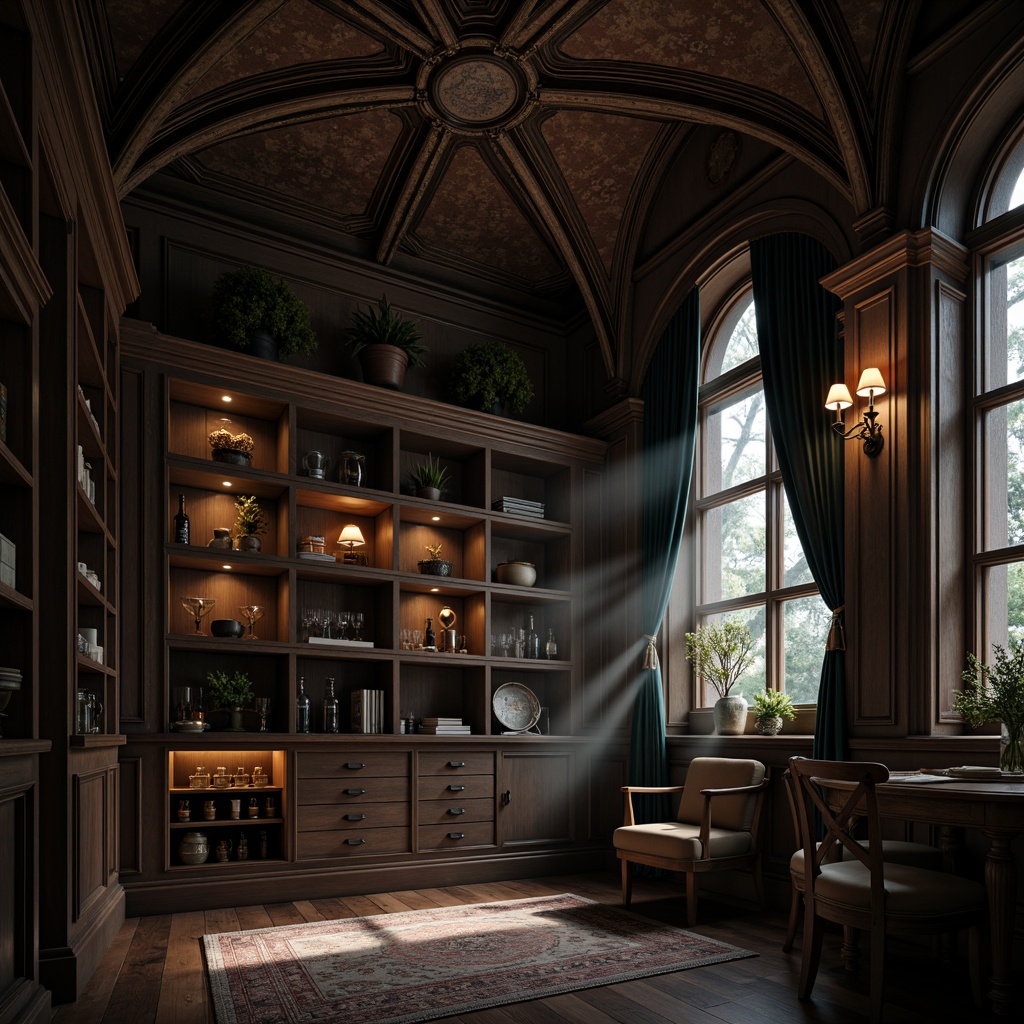 Prompt: Dark wood tone shelving units, ornate metalwork, gothic arches, elegant crown molding, rustic pantry storage, vintage-inspired decorative accents, warm ambient lighting, rich velvet drapes, mysterious foggy atmosphere, cinematic camera angles, dramatic shadows, 3/4 composition, realistic textures, ambient occlusion.