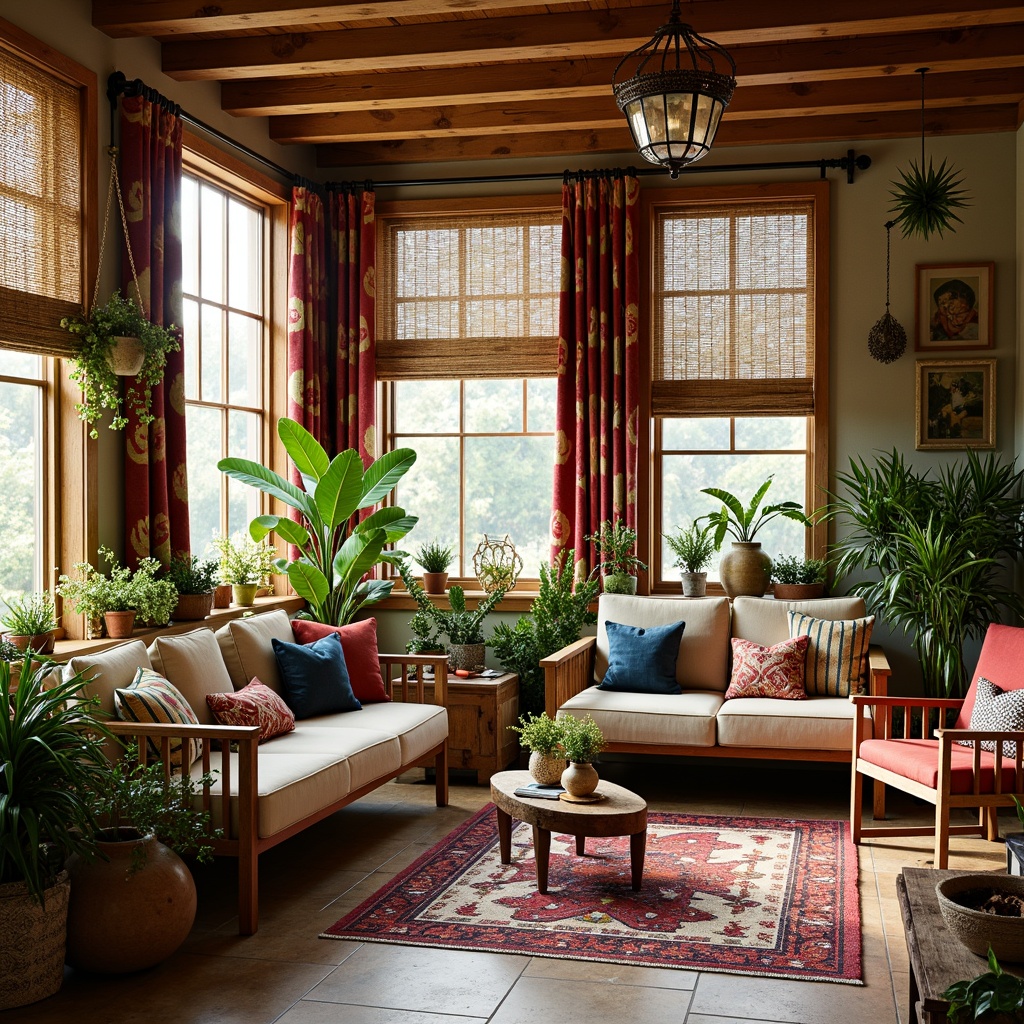 Prompt: Vibrant sunroom, eclectic decor, mixed patterned fabrics, layered curtains, billowy drapes, natural fiber shades, woven wood blinds, colorful tassels, global-inspired textiles, bold geometric patterns, statement light fixtures, ornate metal hardware, distressed wood accents, vintage decorative items, lush greenery, exotic plants, natural stone flooring, warm earthy tones, soft warm lighting, shallow depth of field, 1/1 composition, realistic textures, ambient occlusion.