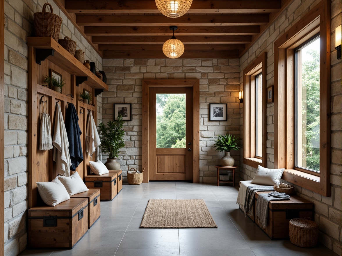 Prompt: Rustic mudroom, natural stone walls, wooden accents, earthy color palette, vintage storage trunks, woven baskets, metal hooks, rustic shelving units, reclaimed wood benches, cozy throw blankets, warm pendant lighting, shallow depth of field, 3/4 composition, realistic textures, ambient occlusion.