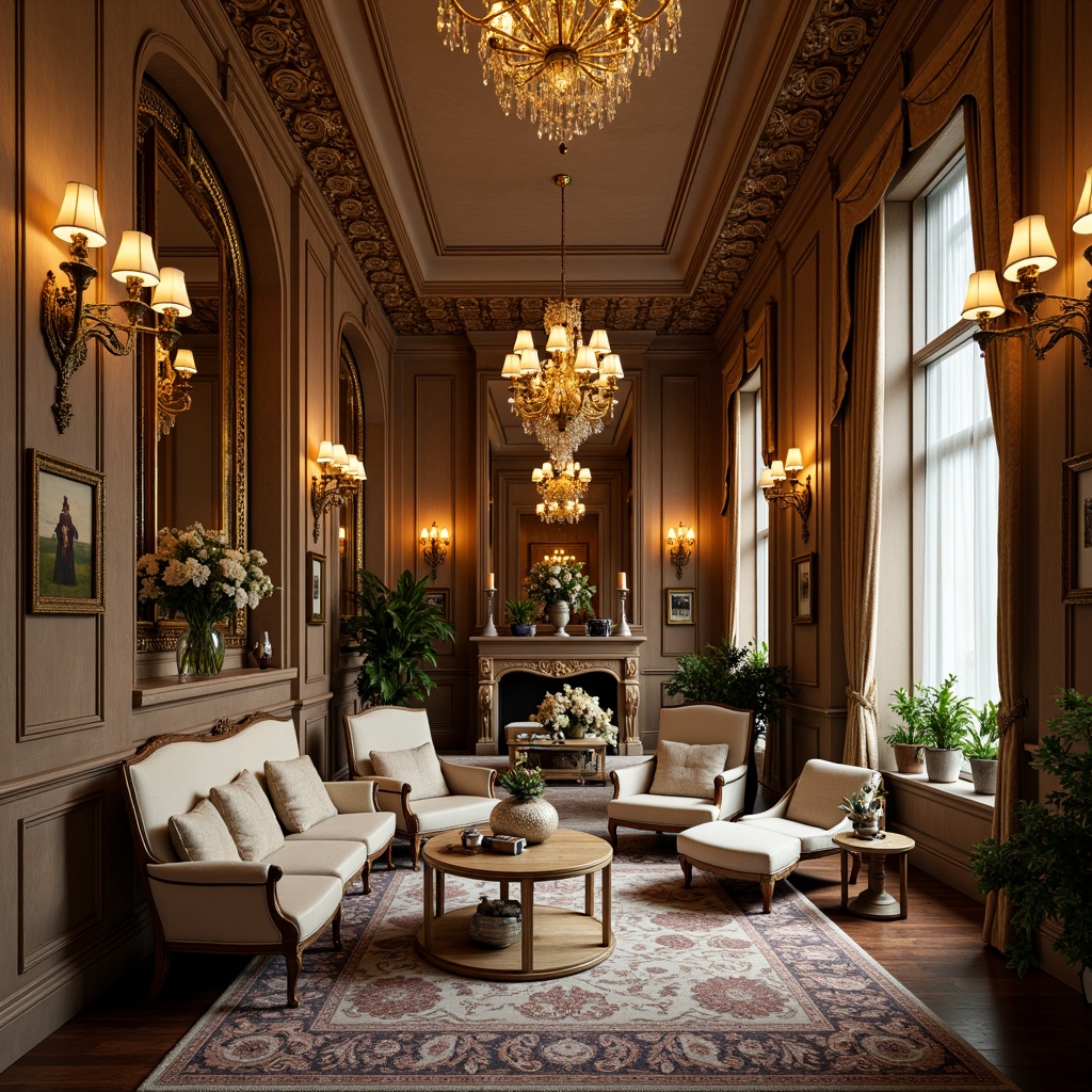 Prompt: Intricately carved wooden paneling, gilded ornateness, lavish chandeliers, delicate porcelain vases, ornate mirrors, rich velvet drapes, soft warm candlelight, subtle scent of perfume, intimate seating areas, intricately patterned rugs, golden accents, Baroque-style furniture, curved lines, opulent textures, luxurious fabrics, refined elegance, warm beige colors, soft focus, shallow depth of field, 1/1 composition, realistic reflections.