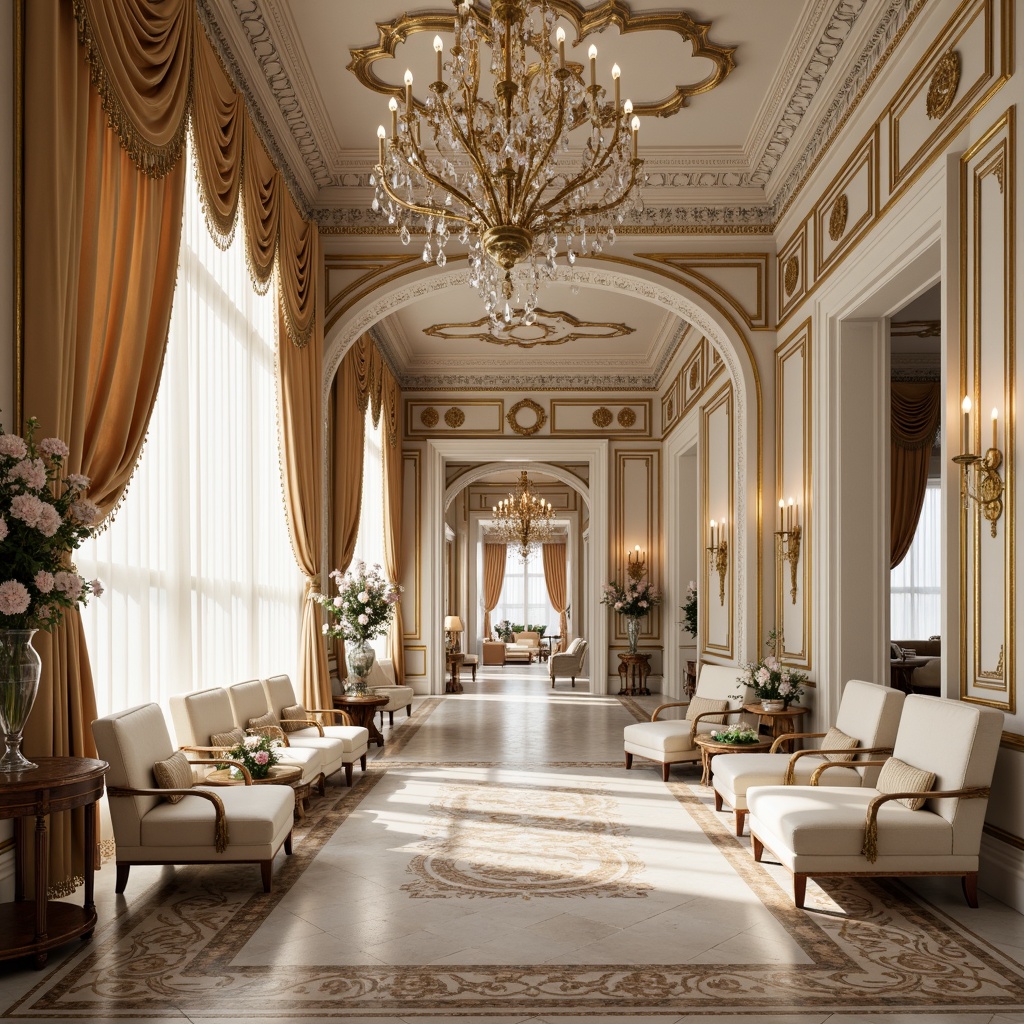 Prompt: Opulent Rococo palace, soft pastel hues, creamy whites, warm gold accents, rich velvety fabrics, intricate ornate details, delicate florals, ornamental mirrors, lavish furnishings, grandiose chandeliers, subtle gradient effects, soft focus, 1/2 composition, warm candlelight, realistic reflections, ambient glow.