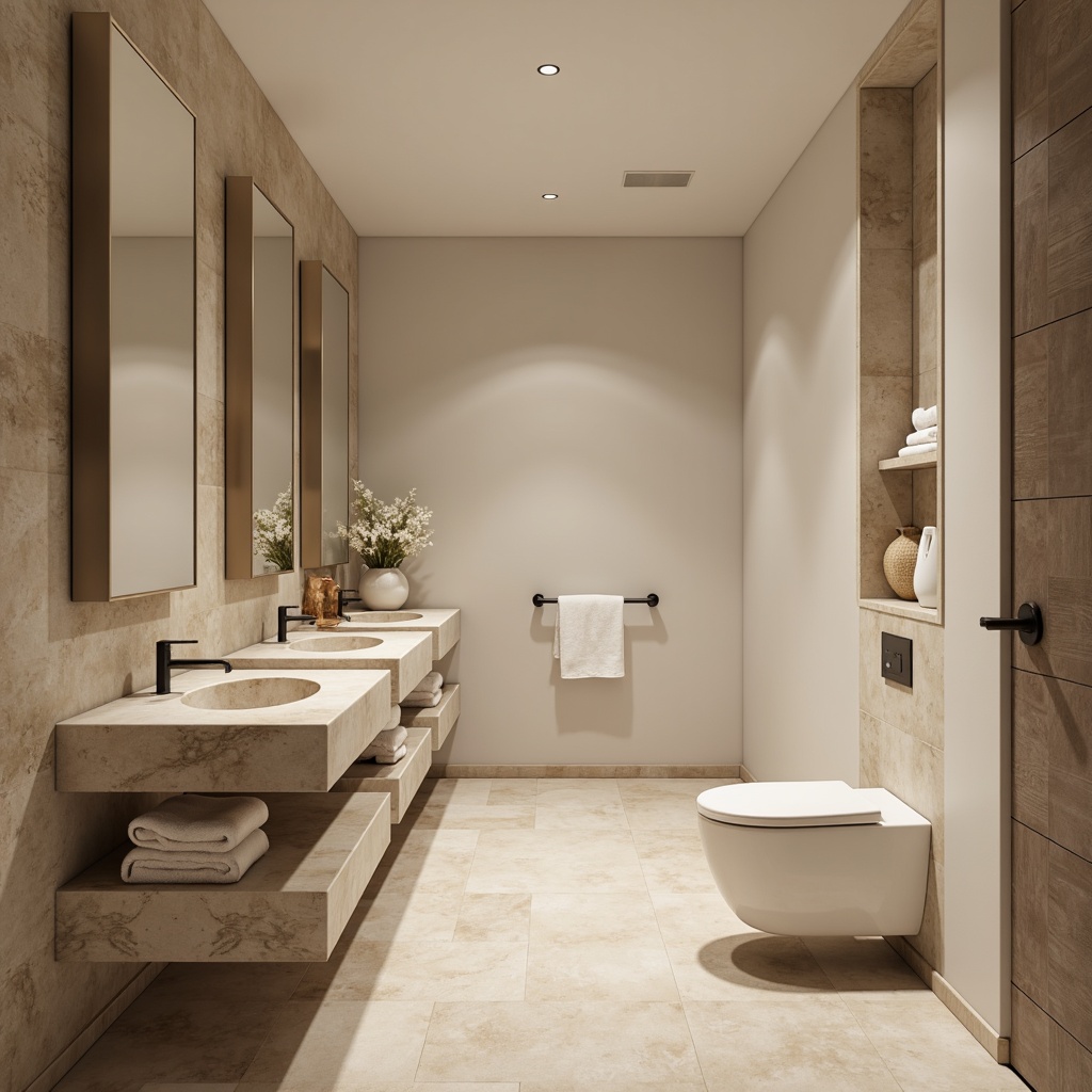 Prompt: Minimalist powder room, marble countertops, soft-close cabinets, sleek faucets, wall-mounted toilets, frameless mirrors, natural stone flooring, matte white walls, ambient lighting, warm beige tones, subtle texture contrasts, gentle color palette, spa-like atmosphere, relaxing ambiance, 1/1 composition, shallow depth of field, soft focus, realistic reflections.