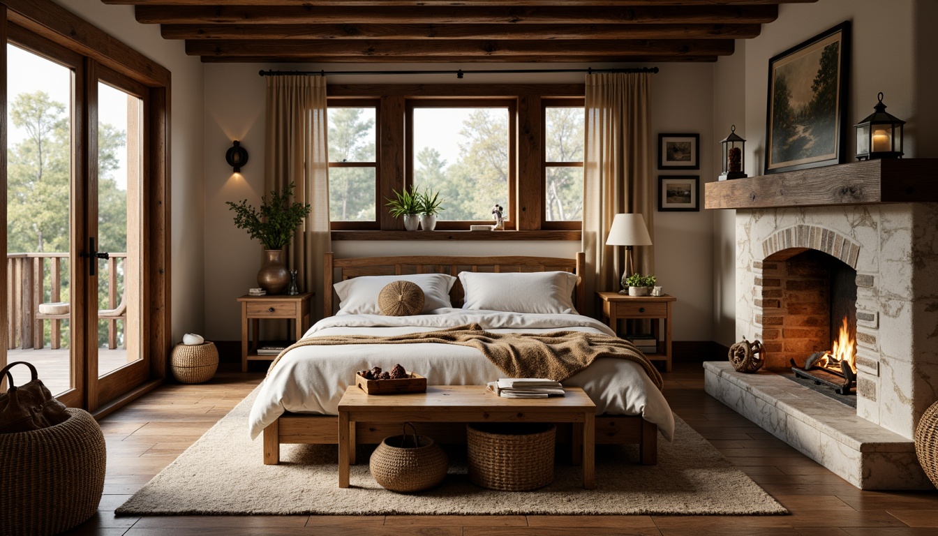 Prompt: Cozy rustic bedroom, wooden furniture, earthy tones, natural textiles, woven baskets, vintage metal lanterns, distressed wood accents, plush area rugs, comfortable reading nooks, warm candlelight, soft blanket throws, pinecone decorations, nature-inspired artwork, reclaimed wood walls, exposed beams, stone fireplace, crackling fire sounds, morning sunlight, shallow depth of field, 1/1 composition, warm color palette, realistic textures, ambient occlusion.