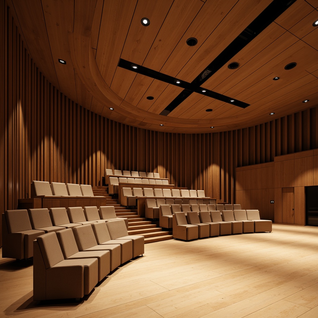 Prompt: Sleek auditorium interior, curved lines, minimalist design, polished wooden floors, modern streamline architecture, sound-absorbing acoustic panels, geometric patterns, dark-stained wood accents, recessed lighting, soft warm glow, tiered seating, plush velvet chairs, subtle texture contrast, sophisticated ambiance, state-of-the-art sound system, high-fidelity speakers, professional audio equipment, warm beige tones, rich walnut details, 1/1 composition, shallow depth of field, realistic textures.