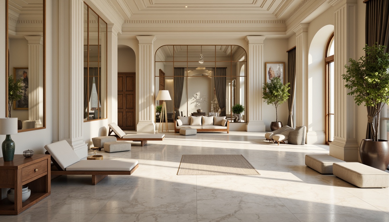 Prompt: Elegant home gym, neoclassical columns, ornate moldings, soft cream walls, rich wood accents, polished marble floors, large mirrors, heavy drapery, luxurious textiles, golden lighting fixtures, subtle patterns, muted color palette, serene atmosphere, natural light pouring in, shallow depth of field, 1/2 composition, realistic reflections, ambient occlusion.