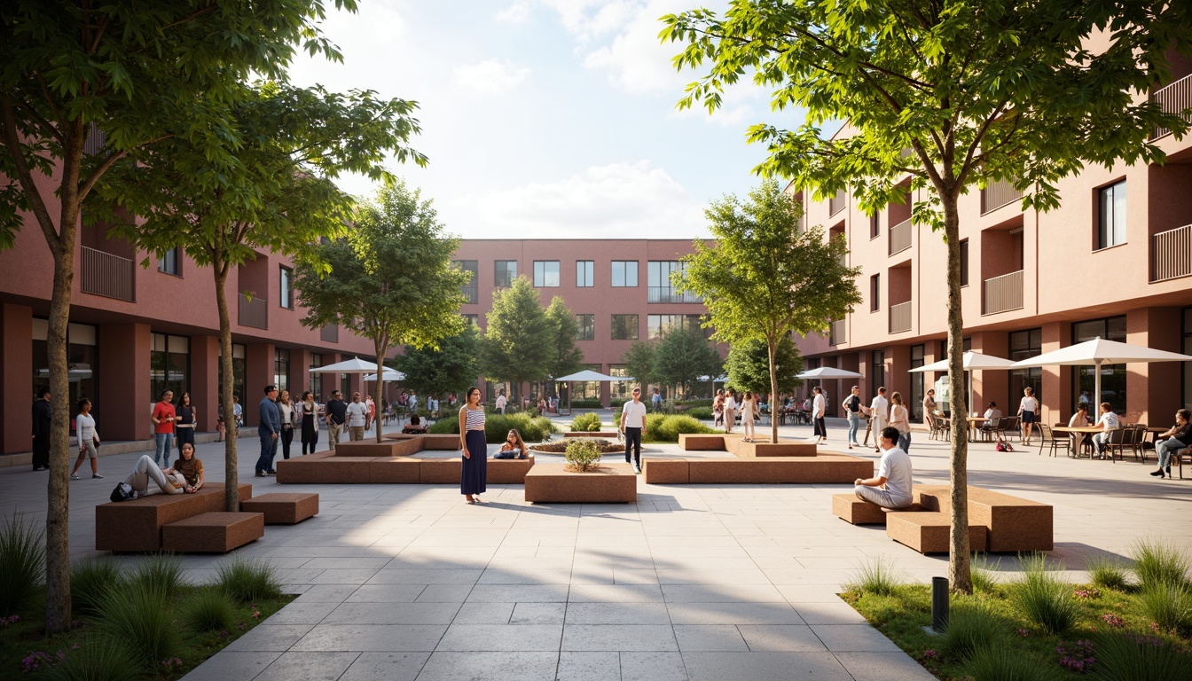 Prompt: Vibrant public square, dynamic urban atmosphere, eclectic crowd, warm neutral tones, earthy brown benches, bright accent walls, calming greenery, natural stone flooring, modern streetlights, lively pedestrian traffic, sunny day, soft diffused lighting, shallow depth of field, 2/3 composition, realistic textures, ambient occlusion.