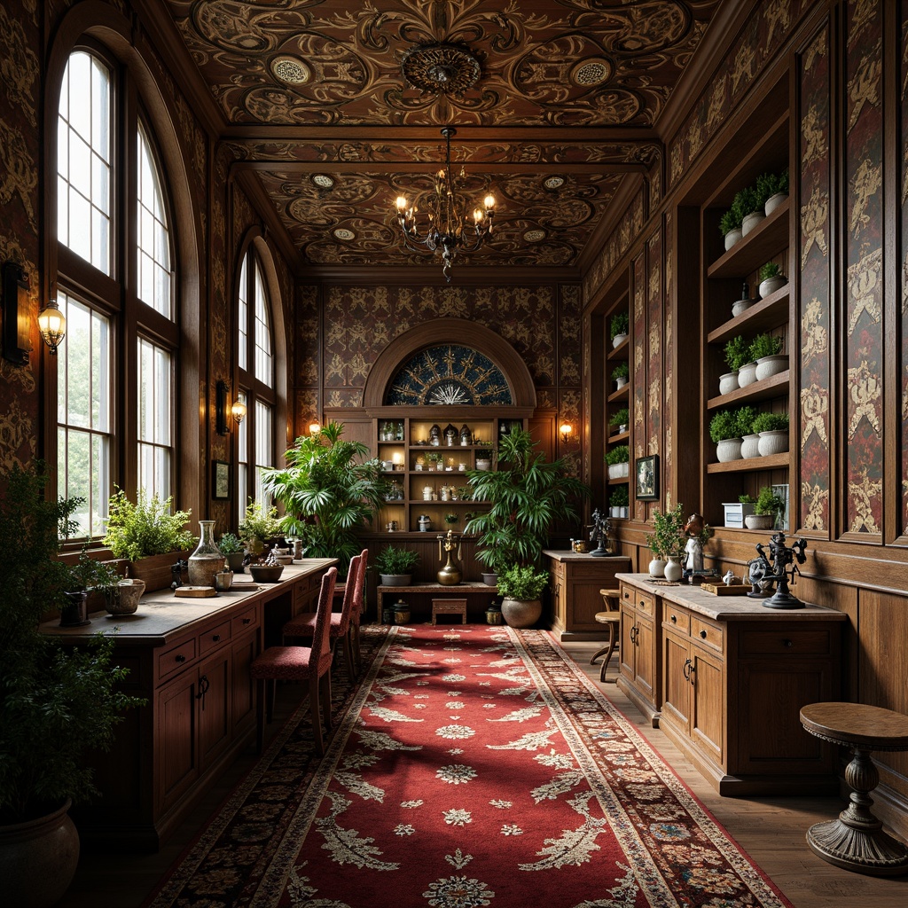 Prompt: \Intricate Art Nouveau patterns, ornate metalwork, luxurious velvet fabrics, rich jewel-toned colors, curved lines, flowing organic shapes, vintage laboratory equipment, distressed wooden cabinets, antique microscopes, ornamental vases, exotic plants, soft warm lighting, shallow depth of field, 1/1 composition, realistic textures, ambient occlusion.\