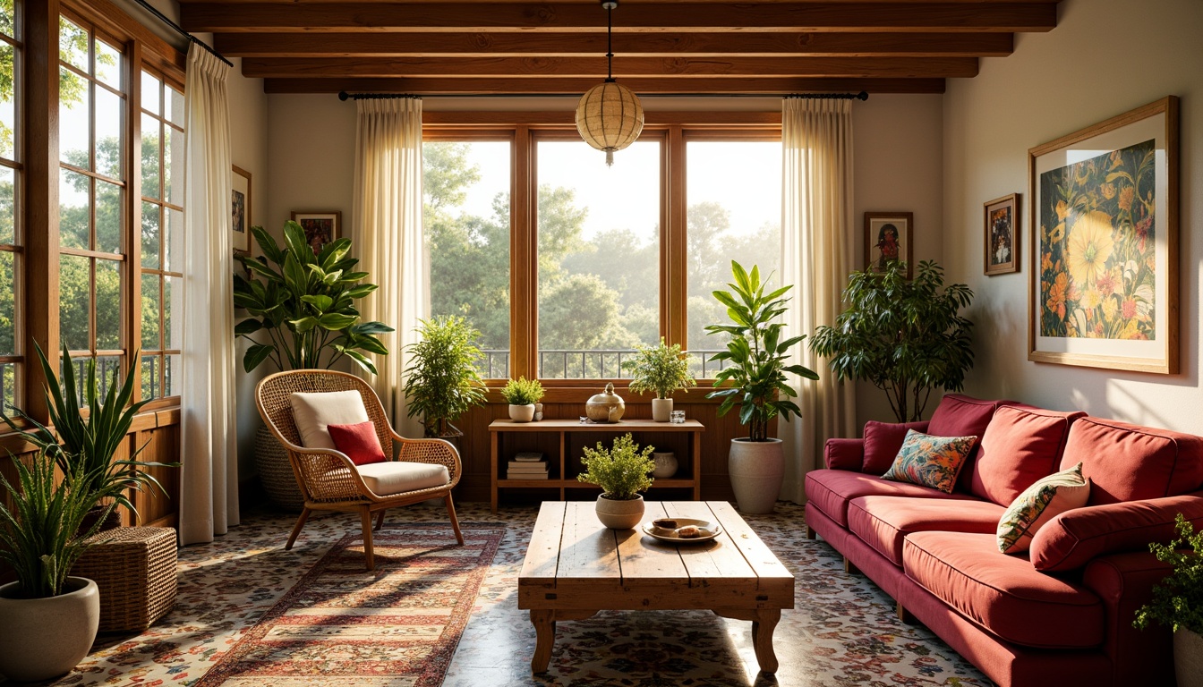 Prompt: Vibrant sunroom, eclectic furniture arrangement, plush velvet sofa, distressed wood coffee table, woven rattan armchair, colorful Moroccan tiles, lush greenery, potted plants, natural fiber rugs, abstract artwork, vintage decorative accents, warm golden lighting, sheer curtains, panoramic views, shallow depth of field, 1/1 composition, realistic textures, ambient occlusion.