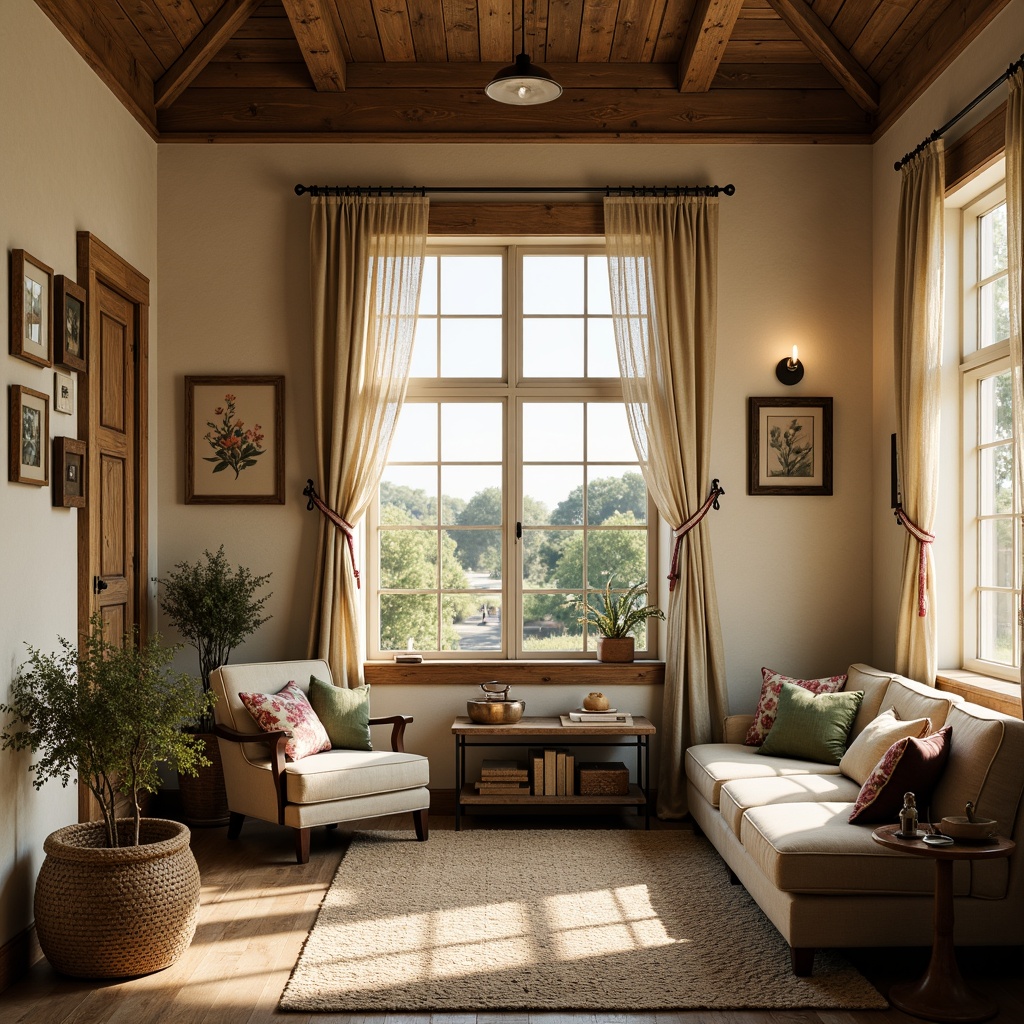 Prompt: Rustic farmhouse, distressed wood accents, soft beige walls, vintage floral patterns, lace curtains, linen fabrics, natural fiber rugs, woven baskets, earthy color palette, warm golden lighting, cozy reading nook, plush throw pillows, velvet upholstery, ornate metal frames, antique furniture pieces, botanical prints, soft romantic drapery, gentle folds, subtle sheen, 1/2 composition, intimate atmosphere, realistic textures, ambient occlusion.