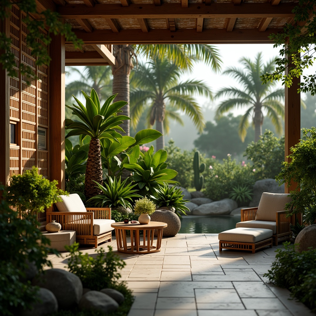 Prompt: Lush greenery, exotic plants, natural wood accents, woven bamboo furniture, intricately carved wooden panels, serene ambiance, soft warm lighting, shallow depth of field, 3/4 composition, realistic textures, ambient occlusion, peaceful atmosphere, Asian-inspired decor, delicate ceramic vases, gentle water features, natural stone flooring, earthy tones, tropical foliage, majestic palm trees, vibrant colorful blooms, elegant lanterns.