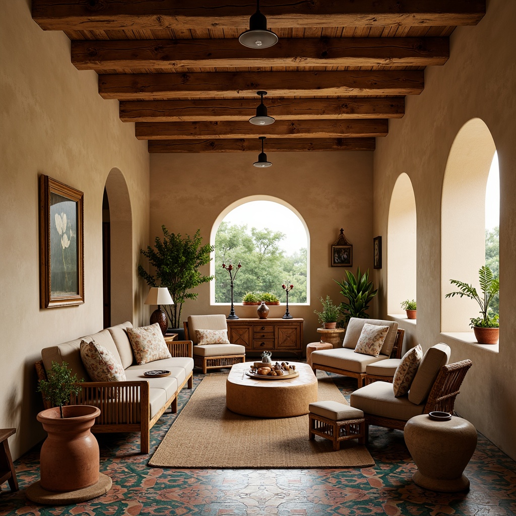 Prompt: Warm Mediterranean villa, rustic stone walls, arched windows, distressed wood furniture, plush velvet sofas, ornate metal accents, colorful ceramic tiles, woven wicker chairs, natural linen fabrics, soft golden lighting, warm beige colors, earthy terracotta pots, lush greenery, vintage decorative items, curved lines, organic shapes, cozy intimate spaces, rustic wooden tables, comfortable oversized pillows, tranquil ambiance, relaxed atmosphere.