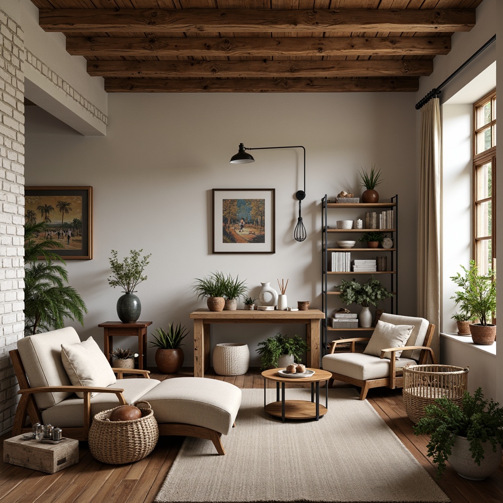 Prompt: Rustic farmhouse interior, warm earthy tones, distressed wood accents, vintage metal decor, soft natural light, creamy whites, weathered blues, muted greens, warm beige, exposed brick walls, reclaimed wood floors, cozy plush textiles, classic country patterns, subtle linen textures, gentle warm lighting, 1/2 composition, intimate close-up shots.