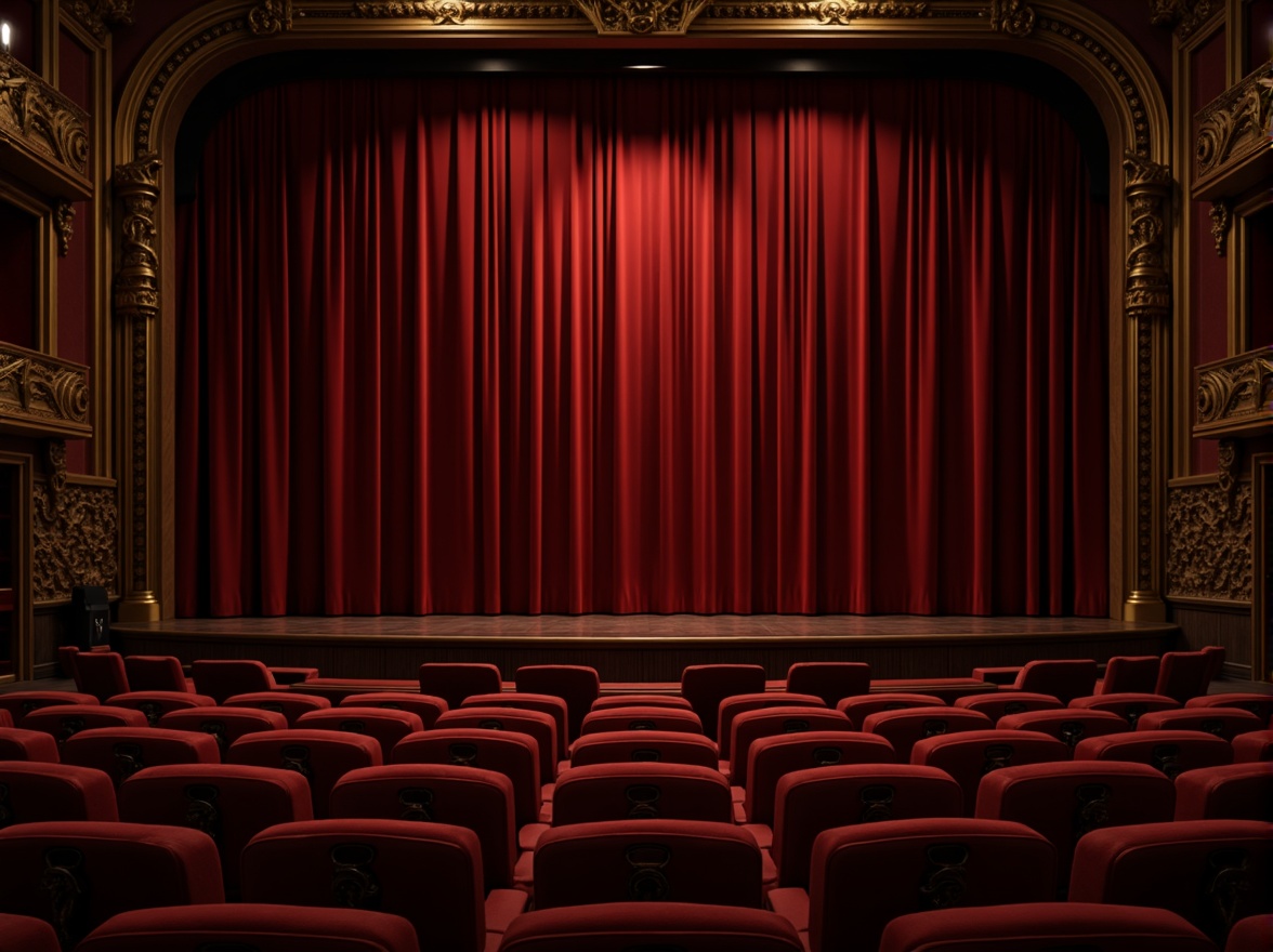 Prompt: Rich velvet curtains, ornate golden frames, plush red seats, warm dim lighting, intimate setting, dramatic stage presence, luxurious fabric textures, deep jewel tones, mysterious shadows, soft focused spotlighting, 1/2 composition, shallow depth of field, cinematic atmosphere, realistic renderings, subtle ambient occlusion.