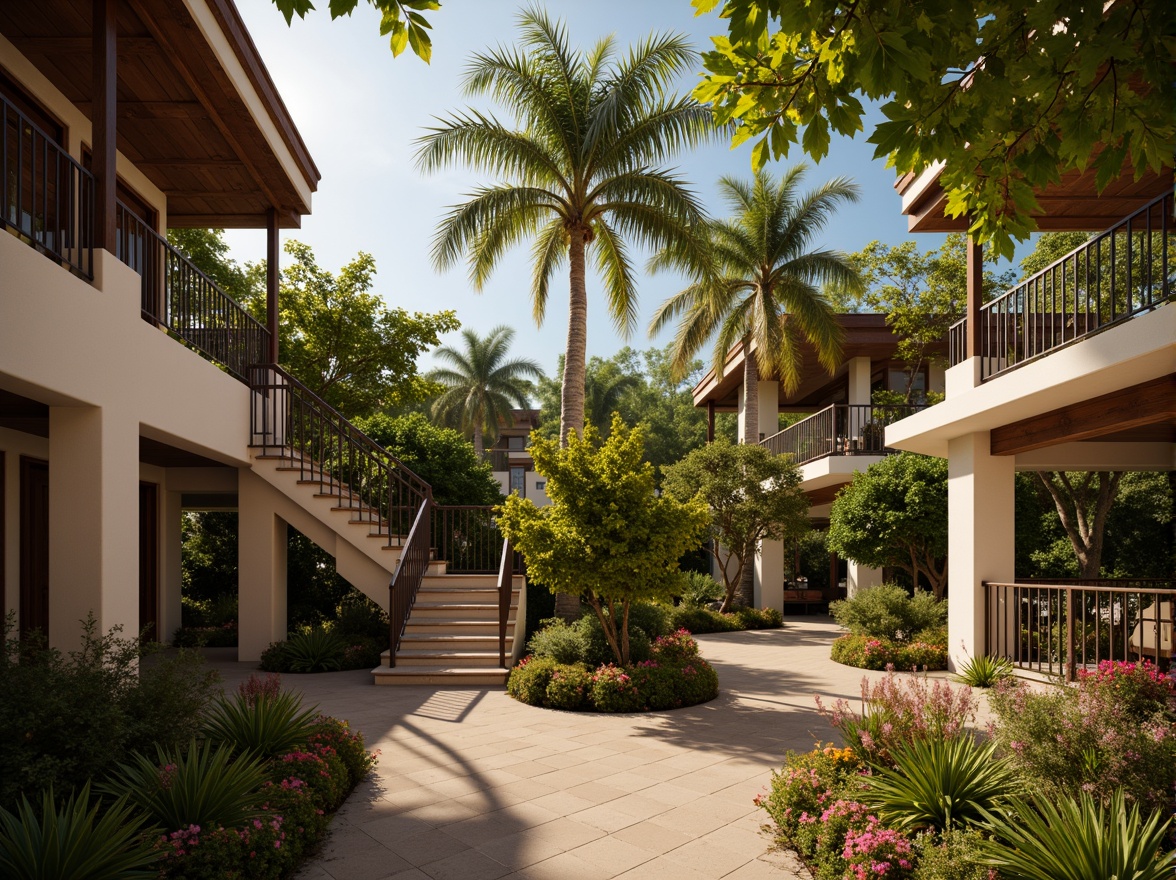 Prompt: Exquisite balustrades, ornate metalwork, intricate carvings, lush tropical foliage, vibrant colorful flowers, natural stone steps, wooden handrails, grand staircase, opulent mansion, exotic island setting, warm sunny day, soft golden lighting, shallow depth of field, 1/1 composition, realistic textures, ambient occlusion.