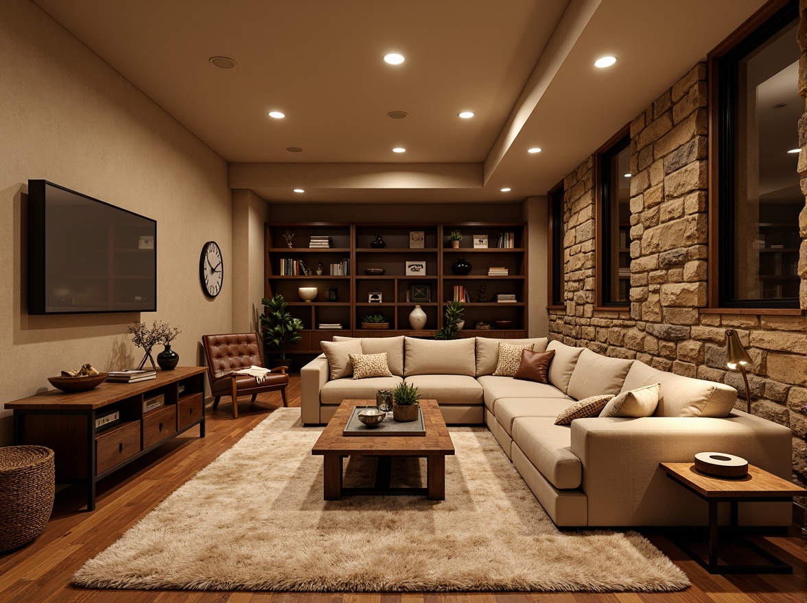 Prompt: Cozy basement retreat, warm earthy tones, plush area rug, comfortable sectional sofa, oversized pillows, rustic wooden coffee table, vintage metal lamps, soft beige walls, natural stone accent wall, woven basket storage, rich leather armchair, floor-to-ceiling bookshelves, warm ambient lighting, 1/1 composition, intimate atmosphere, realistic wood textures, subtle shadowing.