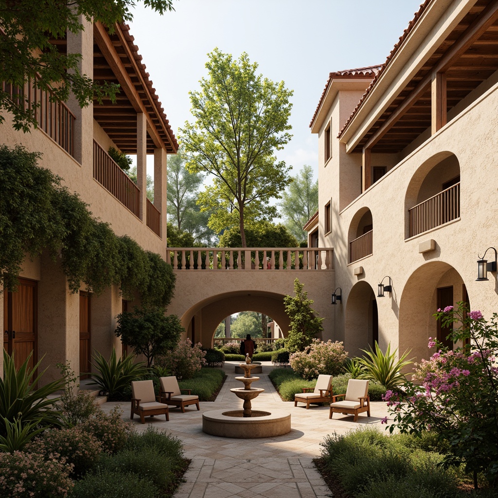 Prompt: Warm beige buildings, rustic stone walls, vibrant greenery, blooming flowers, ornate fountains, grand staircases, rich wood accents, elegant archways, soft warm lighting, shallow depth of field, 3/4 composition, panoramic view, realistic textures, ambient occlusion, earthy tone color palette, terracotta red roofs, creamy white columns, moss-covered statues, lush ivy walls, weathered copper details, classical architectural elements, subtle golden accents.