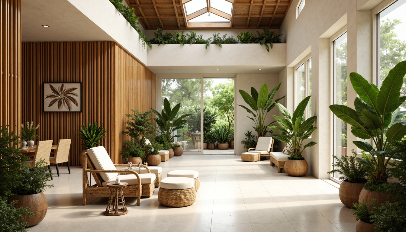 Prompt: Tropical office space, high ceilings, large windows, sliding glass doors, natural wood accents, woven bamboo furniture, rattan decorations, lush greenery, potted plants, warm beige walls, creamy white floors, minimal obstructions, open floor plan, clerestory windows, skylights, soft diffused lighting, 1/2 composition, relaxed atmosphere, ambient occlusion.Let me know if this meets your requirements!