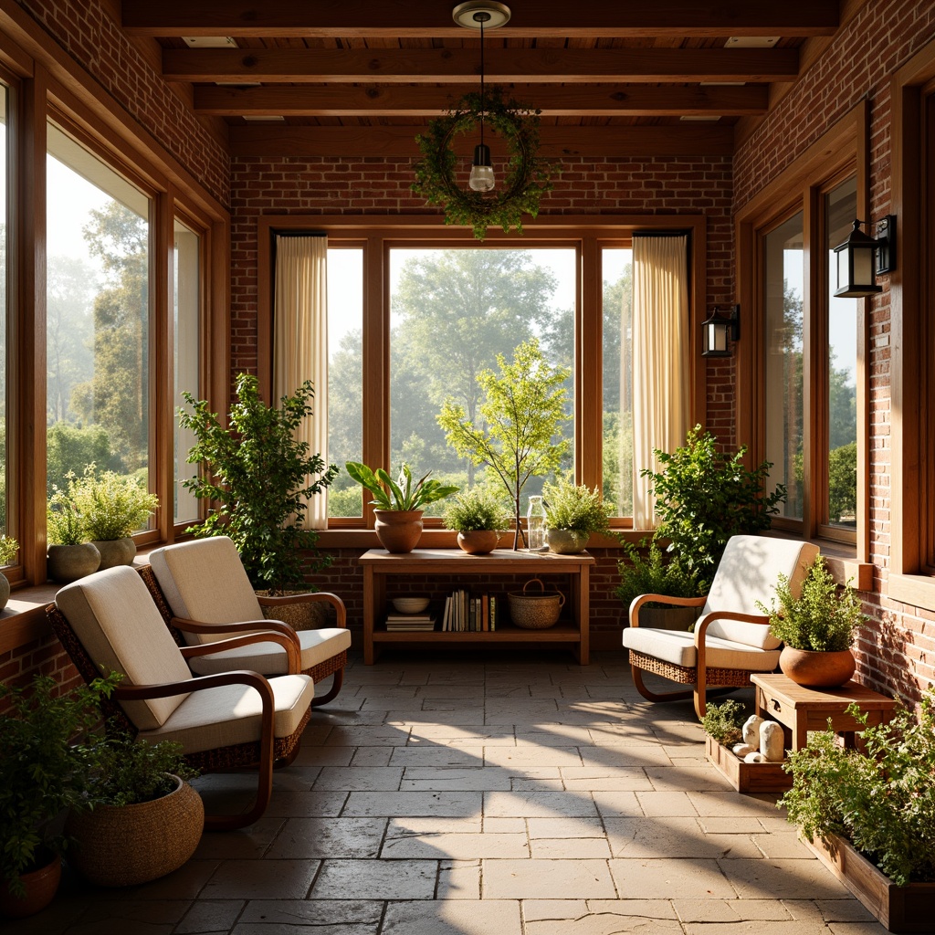 Prompt: Warm and inviting Craftsman-style sunroom, rich wood tones, earthy red brick walls, natural stone flooring, comfy plush armchairs, vintage wooden rocking chairs, woven wicker furniture, warm beige curtains, soft golden lighting, abundant greenery, potted plants, climbing vines, rustic metal lanterns, distressed wooden beams, cozy throw blankets, warm terracotta pots, sunny afternoon, soft warm glow, shallow depth of field, 1/1 composition, realistic textures, ambient occlusion.