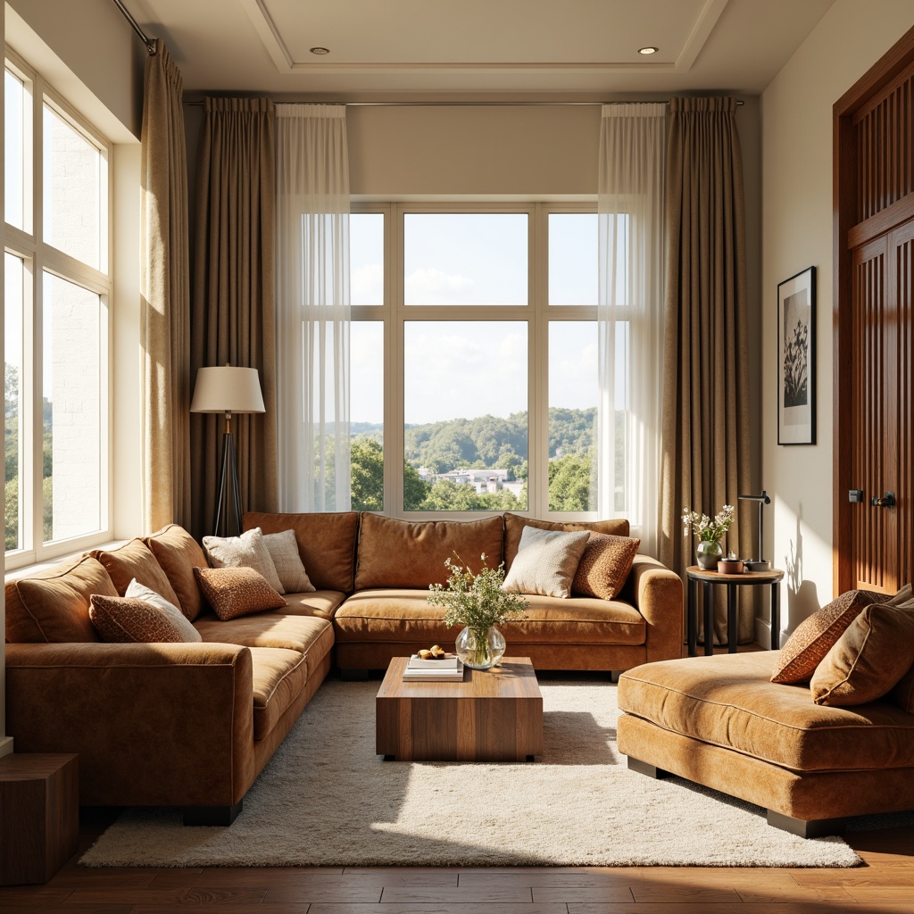 Prompt: Cozy living room, plush couch, soft velvet upholstery, wooden coffee table, rounded edges, comfortable armchairs, oversized pillows, warm beige walls, large windows, natural light, sheer curtains, subtle patterns, calming atmosphere, relaxing ambiance, tranquil setting, 1/1 composition, softbox lighting, realistic textures, ambient occlusion.