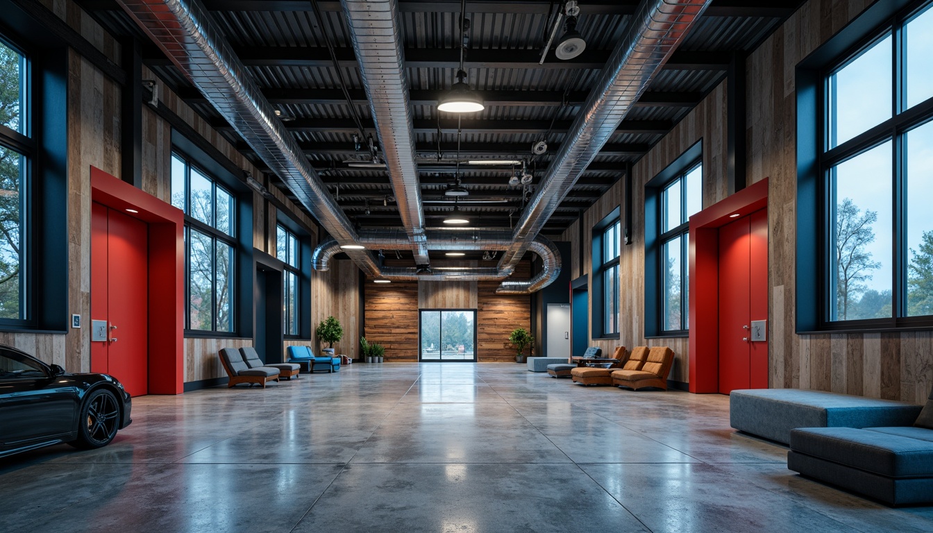 Prompt: Industrial-style garage, exposed ductwork, metallic accents, bold color scheme, deep blues, rich reds, neutral grays, weathered wood tones, concrete floors, modern LED lighting, sleek lines, urban atmosphere, cloudy day, soft focus, 2/3 composition, muted reflections.