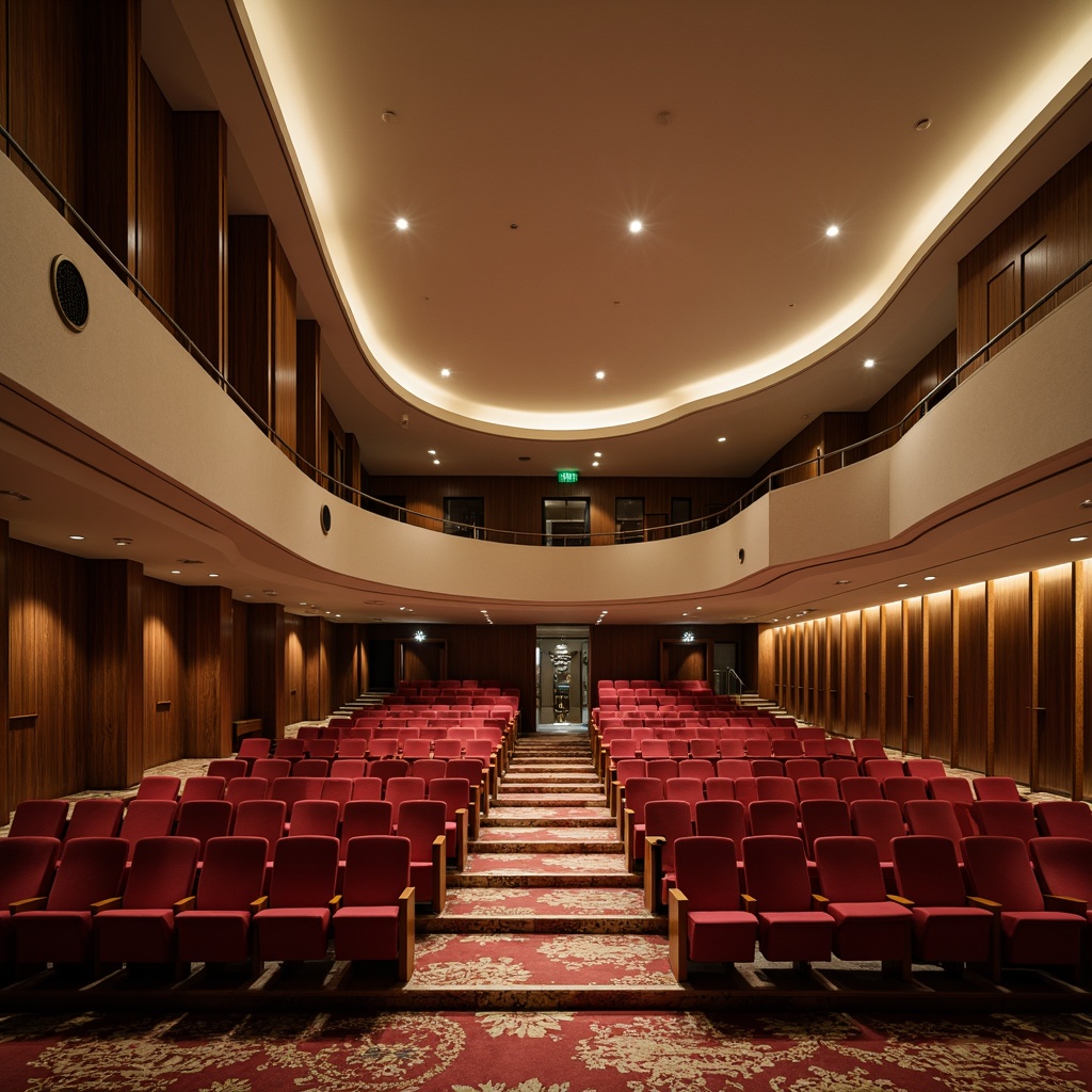 Prompt: Streamlined auditorium, modernist architecture, curved lines, minimalist decor, rich wood accents, velvety dark red seats, polished chrome rails, geometric patterns, warm beige walls, soft cream ceiling, dramatic spotlights, subtle gradient effects, cinematic atmosphere, 1/2 composition, high-contrast lighting, realistic textures, ambient occlusion.