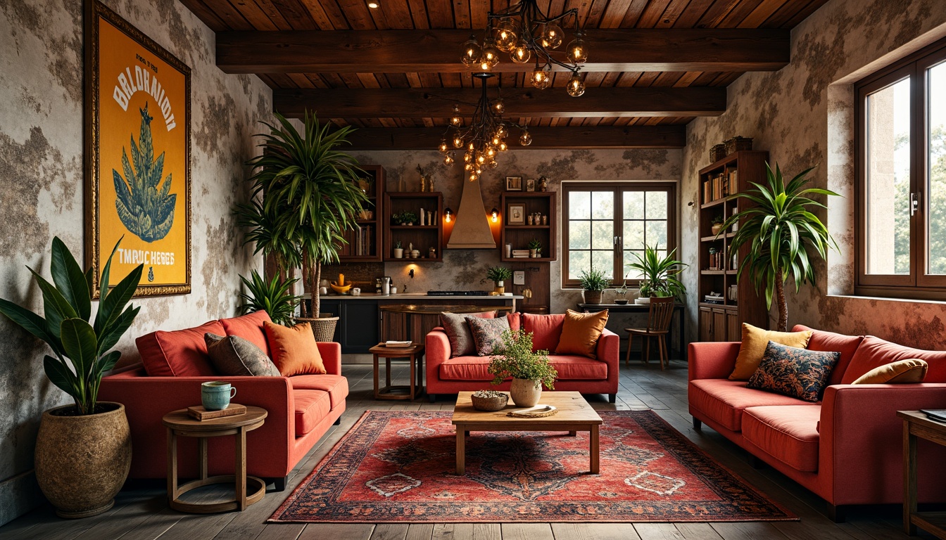 Prompt: Vibrant bohemian interior, rich velvet fabrics, distressed wood textures, ornate metal accents, eclectic pattern mixes, bold color blocking, vintage furniture pieces, plush area rugs, Moroccan-inspired tiles, natural stone walls, reclaimed wood ceilings, warm golden lighting, soft focus, 1/1 composition, intimate atmosphere, cozy nooks, lush greenery.