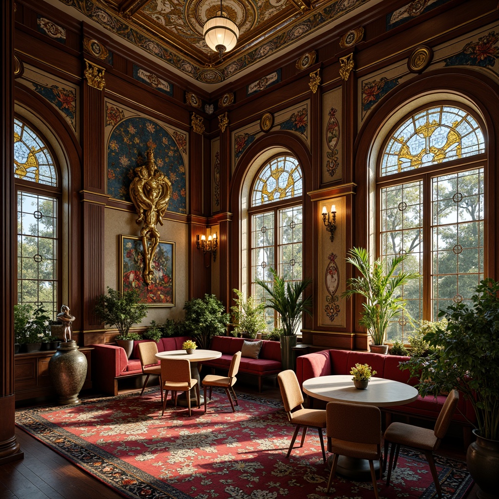 Prompt: Luxurious art nouveau interior, intricate ornate details, flowing organic lines, sinuous curves, whiplash motifs, stained glass windows, vibrant colorful tiles, ornate metalwork, gilded accents, velvet upholstery, plush carpets, rich wood paneling, subtle ambient lighting, soft warm glow, 1/1 composition, realistic textures, shallow depth of field, intimate atmosphere.