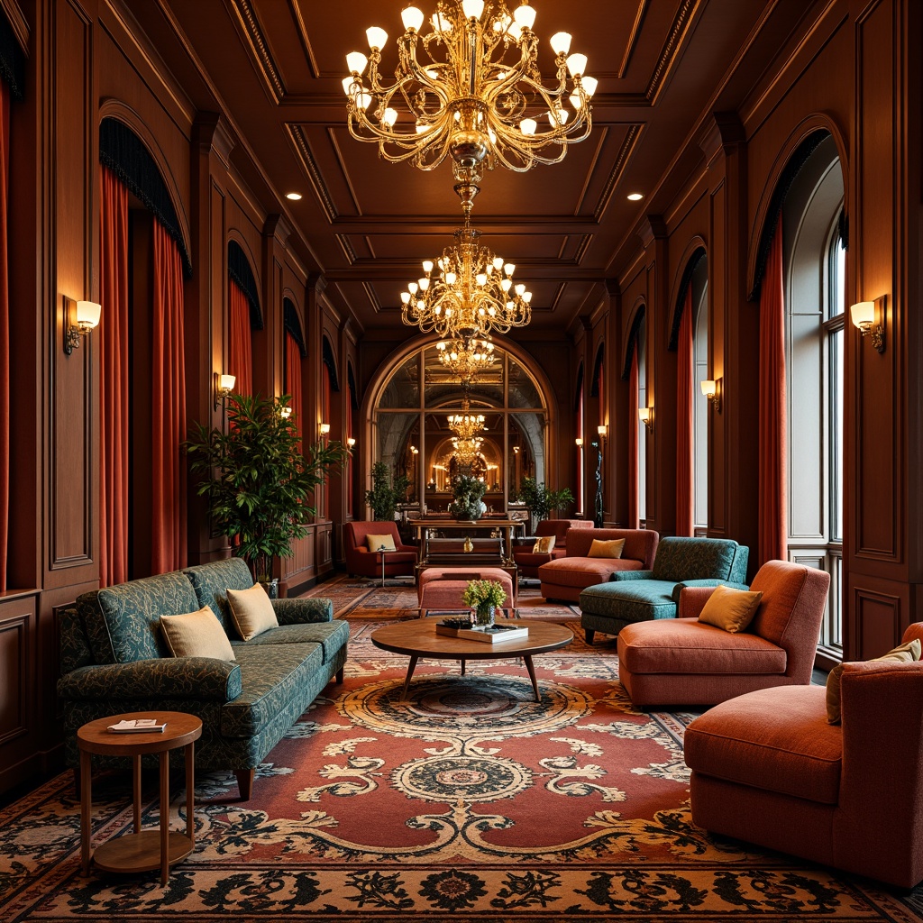 Prompt: Luxurious velvet fabrics, metallic thread embroidery, geometric patterned rugs, ornate wooden furniture, curved lines, bold color schemes, opulent chandeliers, lavish drapery, intricate moldings, glossy marble surfaces, polished chrome accents, sophisticated 1920s ambiance, warm golden lighting, shallow depth of field, 1/2 composition, high-contrast rendering.