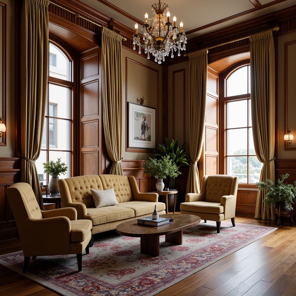 Prompt: Rich wooden tones, ornate carvings, plush velvet upholstery, antique bronze hardware, elegant curve-lined sofas, tufted leather armchairs, distressed wood coffee tables, luxurious silk drapes, crystal chandeliers, neutral beige walls, high ceilings, large windows, soft warm lighting, 1/2 composition, realistic textures, ambient occlusion.