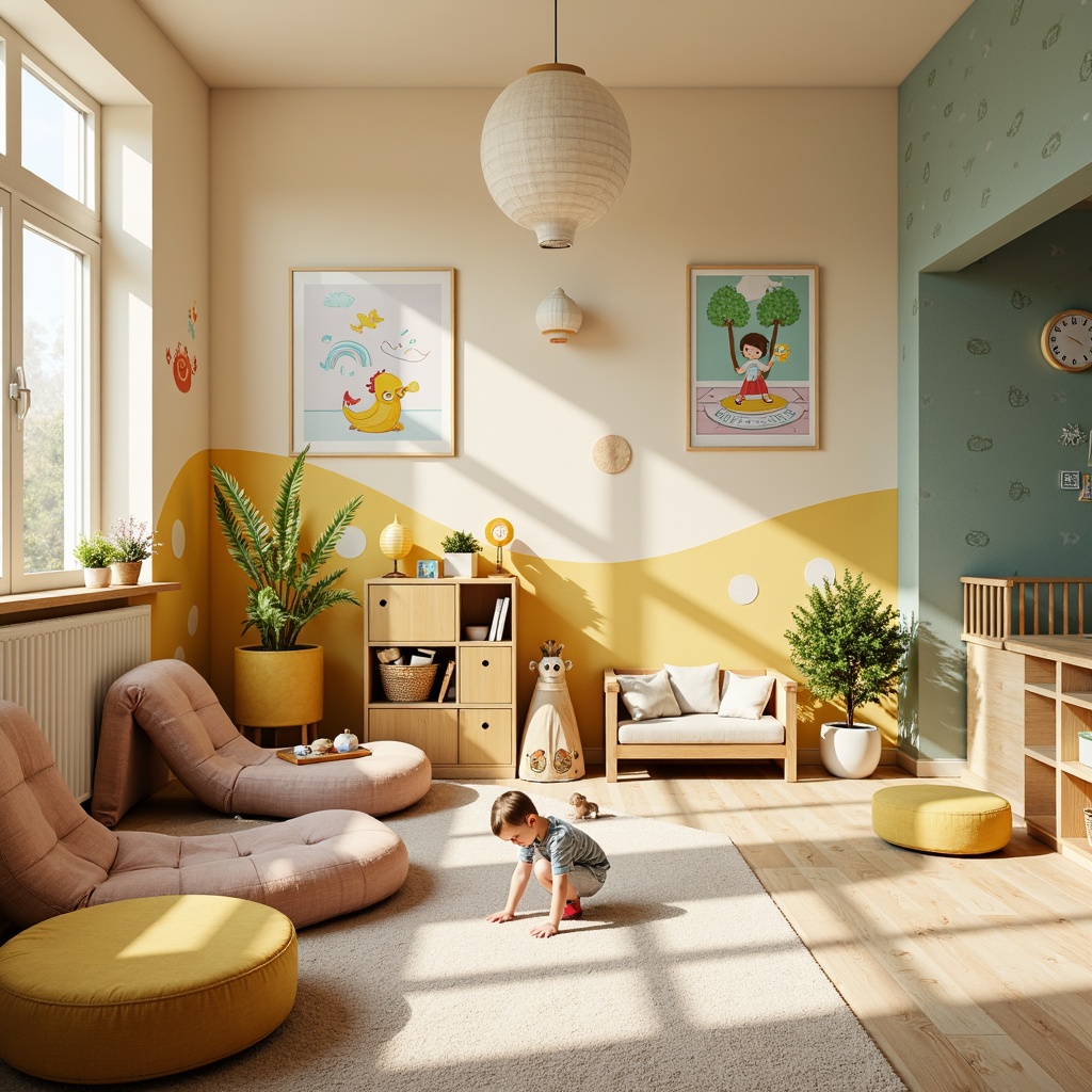 Prompt: Vibrant kindergarten interior, soft pastel colors, warm beige walls, bright yellow accents, calming blue tones, natural wood furniture, playful polka dots, educational posters, child-friendly murals, gentle gradient transitions, rounded corners, whimsical illustrations, cheerful lanterns, cozy reading nooks, comfortable cushions, interactive play areas, stimulating sensory experiences, morning sunlight, softbox lighting, shallow depth of field, 1/2 composition, intimate atmosphere.