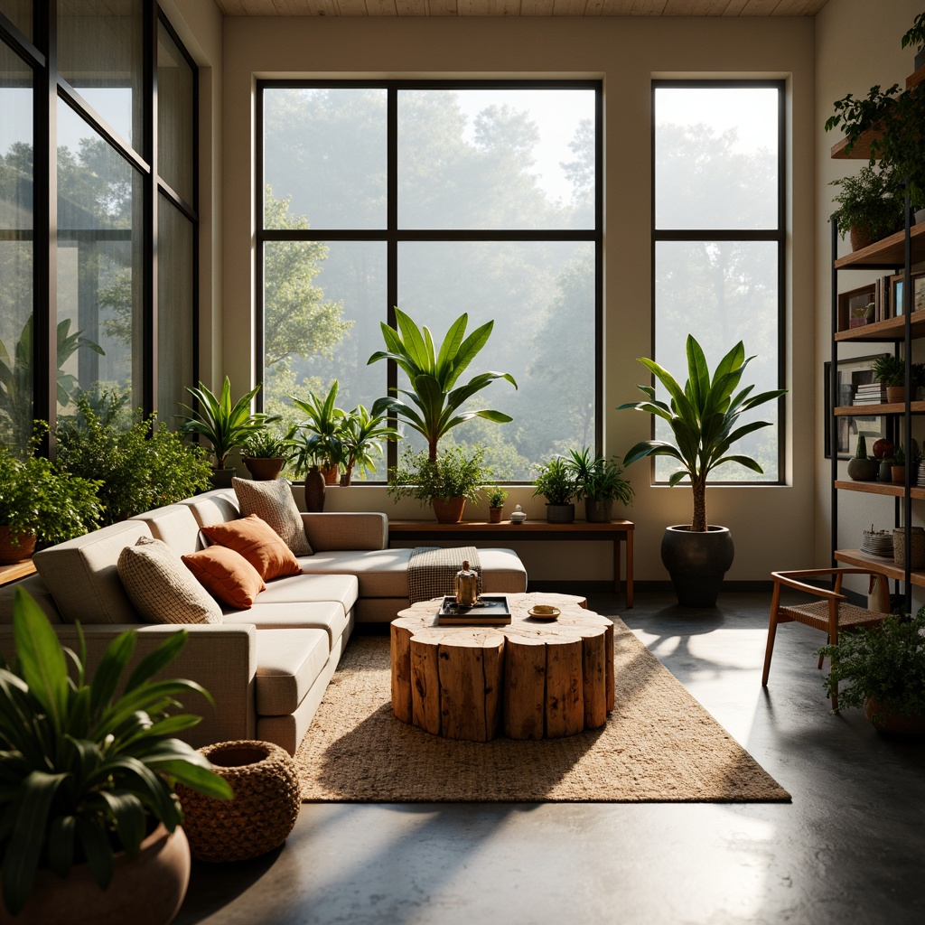 Prompt: Cozy living room, comfortable sofas, rustic wooden coffee tables, vibrant greenery, floor-to-ceiling windows, natural light, soft warm ambiance, minimalist decor, functional shelving units, sleek metal frames, ergonomic chairs, spacious walkways, circular conversation areas, 1/2 composition, shallow depth of field, warm color palette, inviting textures, ambient occlusion.