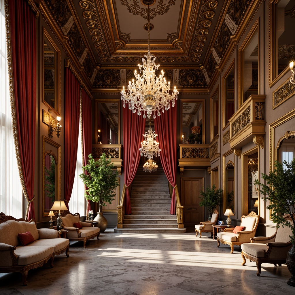 Prompt: Intricate chandeliers, lavish furnishings, ornate mirrors, rich velvet drapes, luxurious marble floors, grand staircases, opulent crystal decorations, regal throne-like chairs, sumptuous silk fabrics, intricate carvings, gilded accents, Baroque-inspired patterns, warm golden lighting, shallow depth of field, 1/1 composition, realistic textures, ambient occlusion.