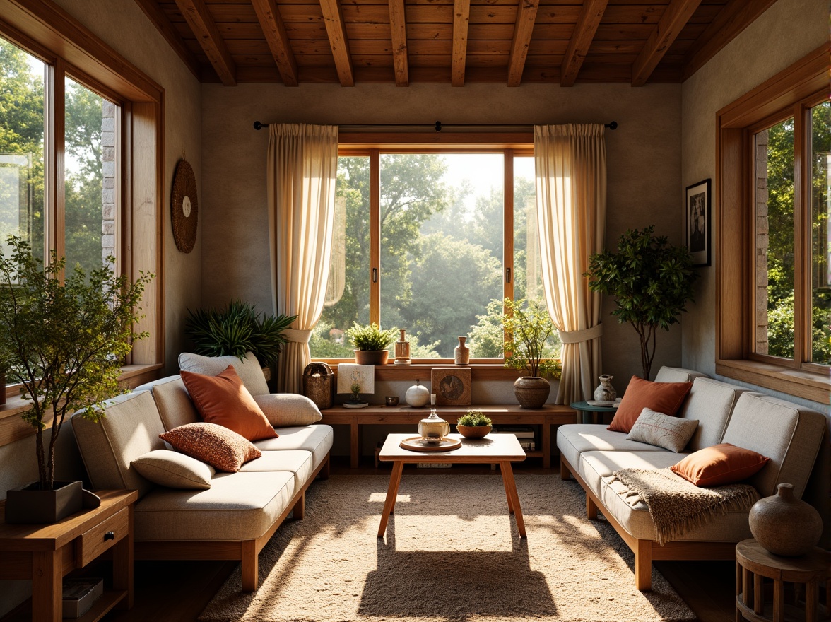 Prompt: Cozy sunroom, natural light pouring in, wooden beams, warm earthy tones, rustic stone walls, plush cushions, vintage decorative accents, handmade textiles, soft sheer curtains, lush greenery, blooming flowers, morning sunlight, warm golden lighting, shallow depth of field, 3/4 composition, intimate atmosphere, realistic wood textures, ambient occlusion.Please let me know if this meets your requirements.