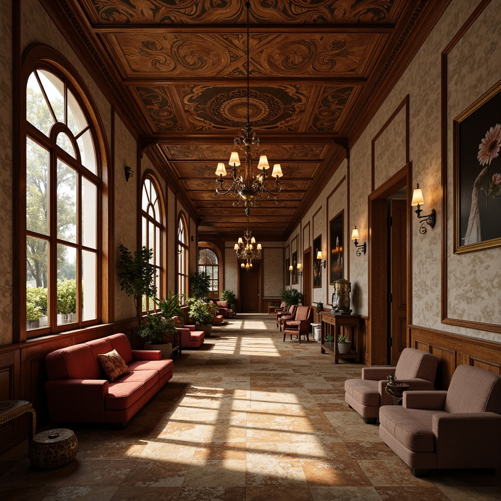 Prompt: Intricate Art Nouveau patterns, flowing curves, organic shapes, luxurious materials, polished wood, veined marble, metallic accents, ornate furnishings, rich textiles, vintage fixtures, soft warm lighting, atmospheric shading, shallow depth of field, 1/2 composition, realistic reflections, detailed normal maps.