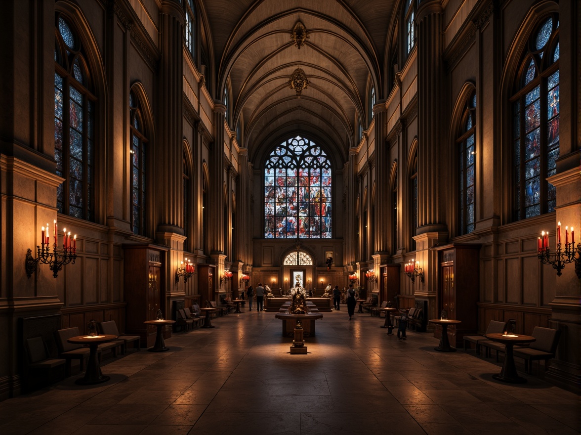 Prompt: Grand cathedral interior, vaulted ceilings, stained glass windows, ornate stone carvings, mysterious ambiance, dimly lit chandeliers, candelabras with red candles, iron lanterns, medieval-inspired fixtures, intricate metalwork, warm golden lighting, soft shadows, dramatic uplighting, grandiose scale, ornate details, mystical atmosphere.