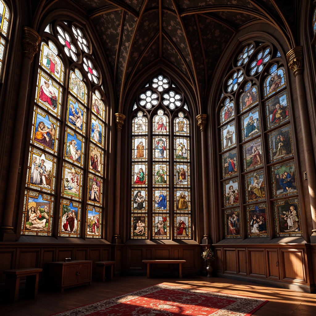 Prompt: Intricate stained glass windows, vibrant colors, Gothic arches, ribbed vaults, ornate stone carvings, grand cathedral ceilings, luxurious velvet fabrics, rich wood paneling, mystical ambiance, warm soft lighting, dramatic shadows, 1/1 composition, symmetrical framing, detailed textures, ambient occlusion.