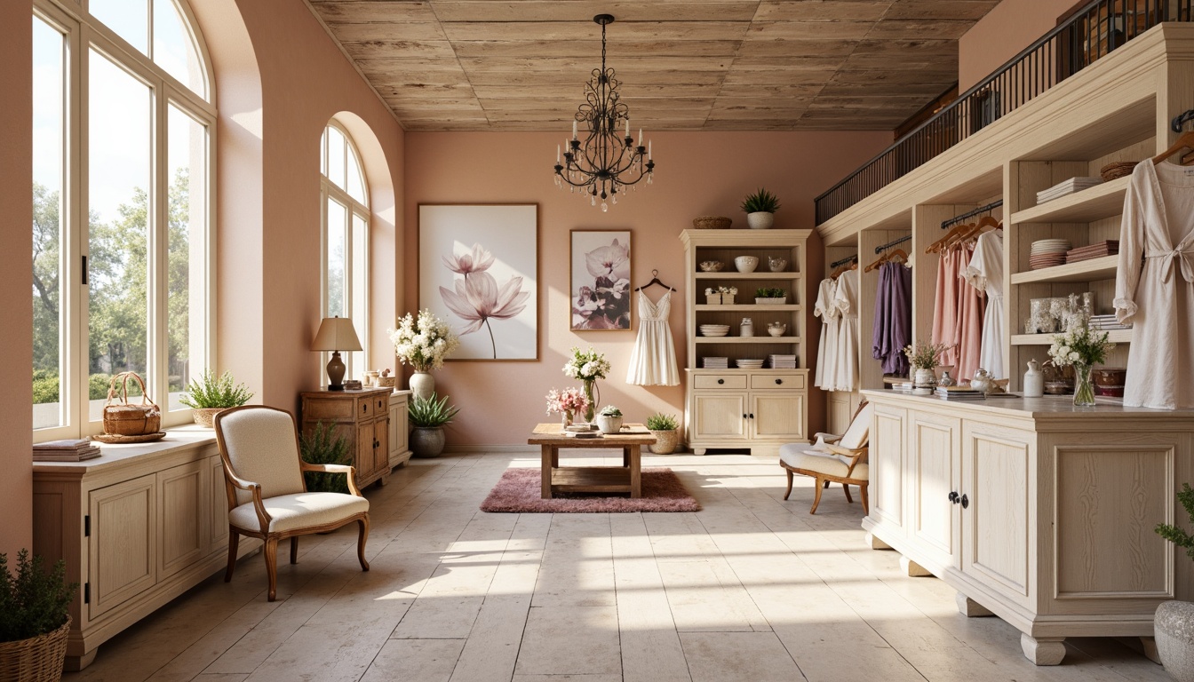 Prompt: Soft, feminine shabby-chic boutique, distressed finishes, vintage charm, pastel hues, warm beige walls, soft peach accents, muted lavender tones, creamy whites, rustic wood textures, ornate metal details, lace patterns, delicate florals, romantic ambiance, natural light, warm golden lighting, shallow depth of field, 1/1 composition, realistic fabrics, ambient occlusion.