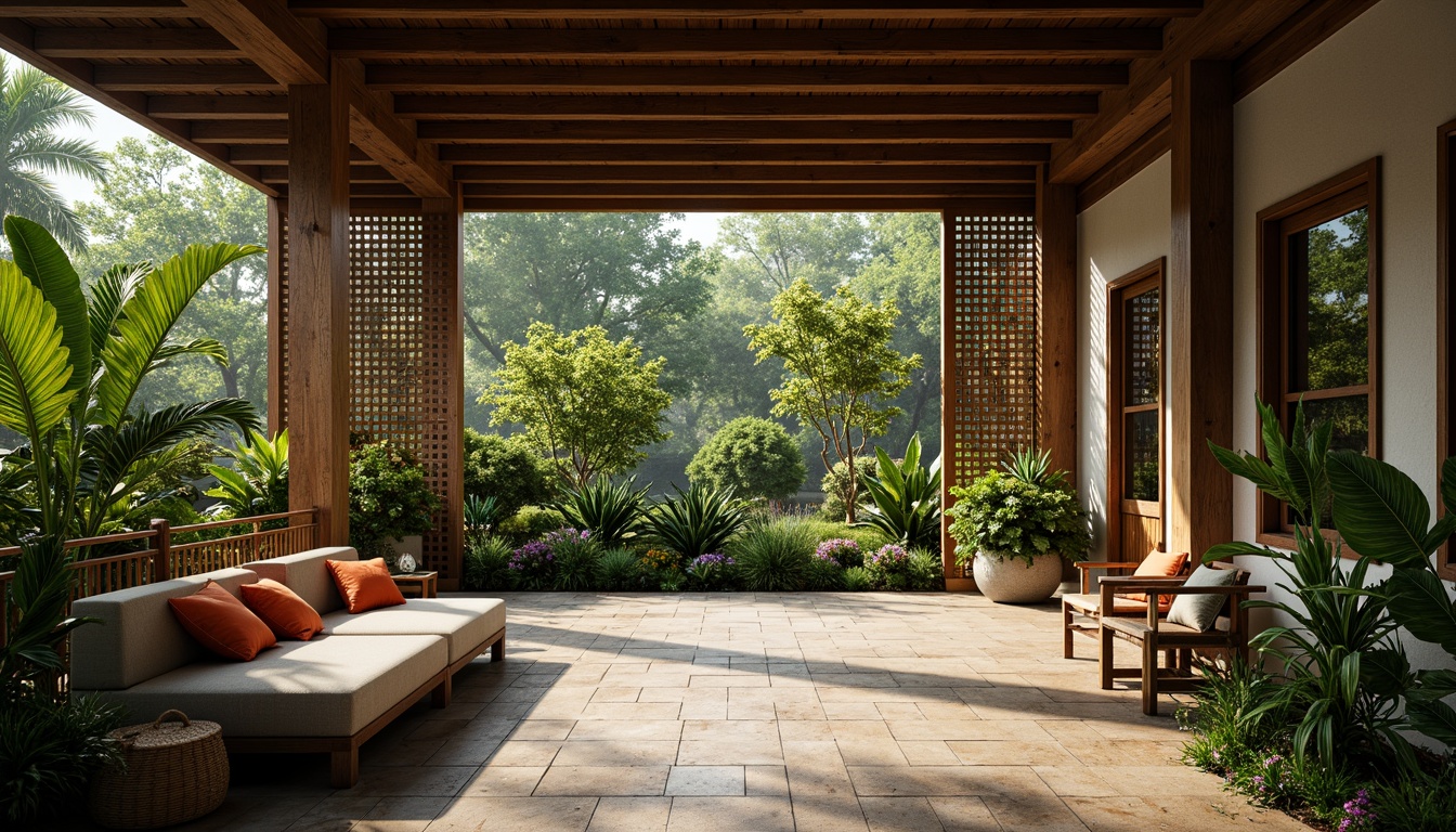 Prompt: Serene pavilion interior, lush greenery, exotic plants, natural stone flooring, wooden accents, Asian-inspired decorative screens, intricate carvings, vibrant colorful textiles, soft warm lighting, shallow depth of field, 3/4 composition, realistic textures, ambient occlusion, peaceful atmosphere, tropical feel, subtle scent of blooming flowers, gentle rustling sounds.