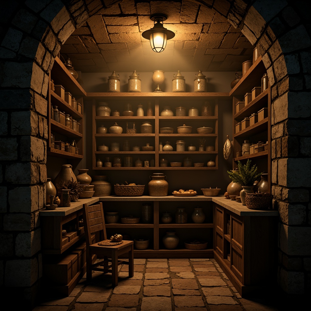 Prompt: Dimly lit pantry, warm golden lighting, ornate metal lanterns, distressed stone walls, rich wood cabinetry, intricate carvings, mystical ambiance, soft shadows, eerie silence, mysterious atmosphere, ancient artifacts, worn wooden shelves, dusty apothecary jars, flickering candles, dramatic chiaroscuro, high contrast ratio, cinematic mood, atmospheric fog, 1/2 composition, realistic textures, subtle depth of field.